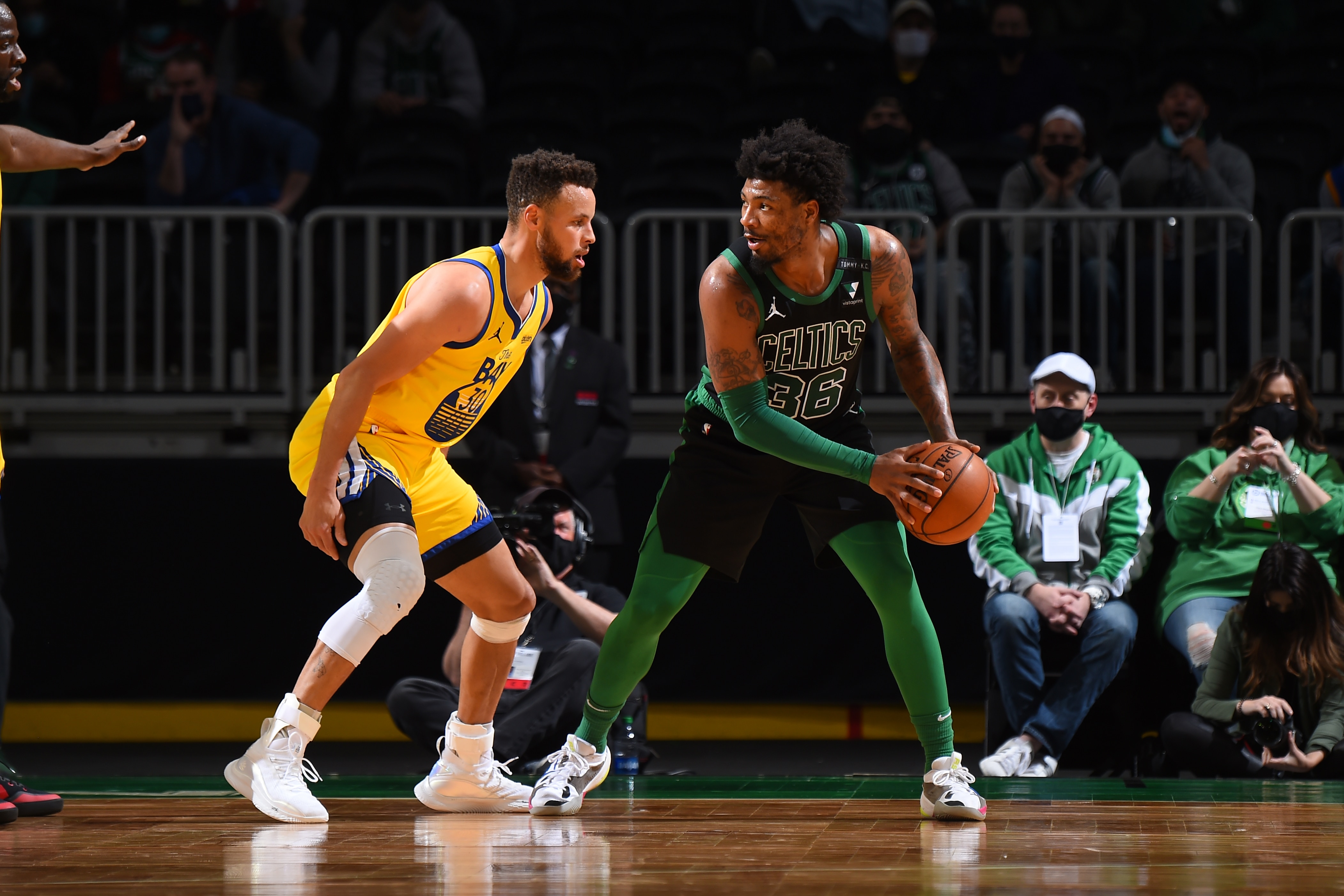 BOSTON, MA - APRIL 17: Marcus Smart #36 of the Boston Celtics handles the ball against the Golden State Warriors on April 17, 2021  at the TD Garden in Boston, Massachusetts.  NOTE TO USER: User expressly acknowledges and agrees that, by downloading and or using this photograph, User is consenting to the terms and conditions of the Getty Images License Agreement. Mandatory Copyright Notice: Copyright 2021 NBAE  (Photo by Brian Babineau/NBAE via Getty Images)