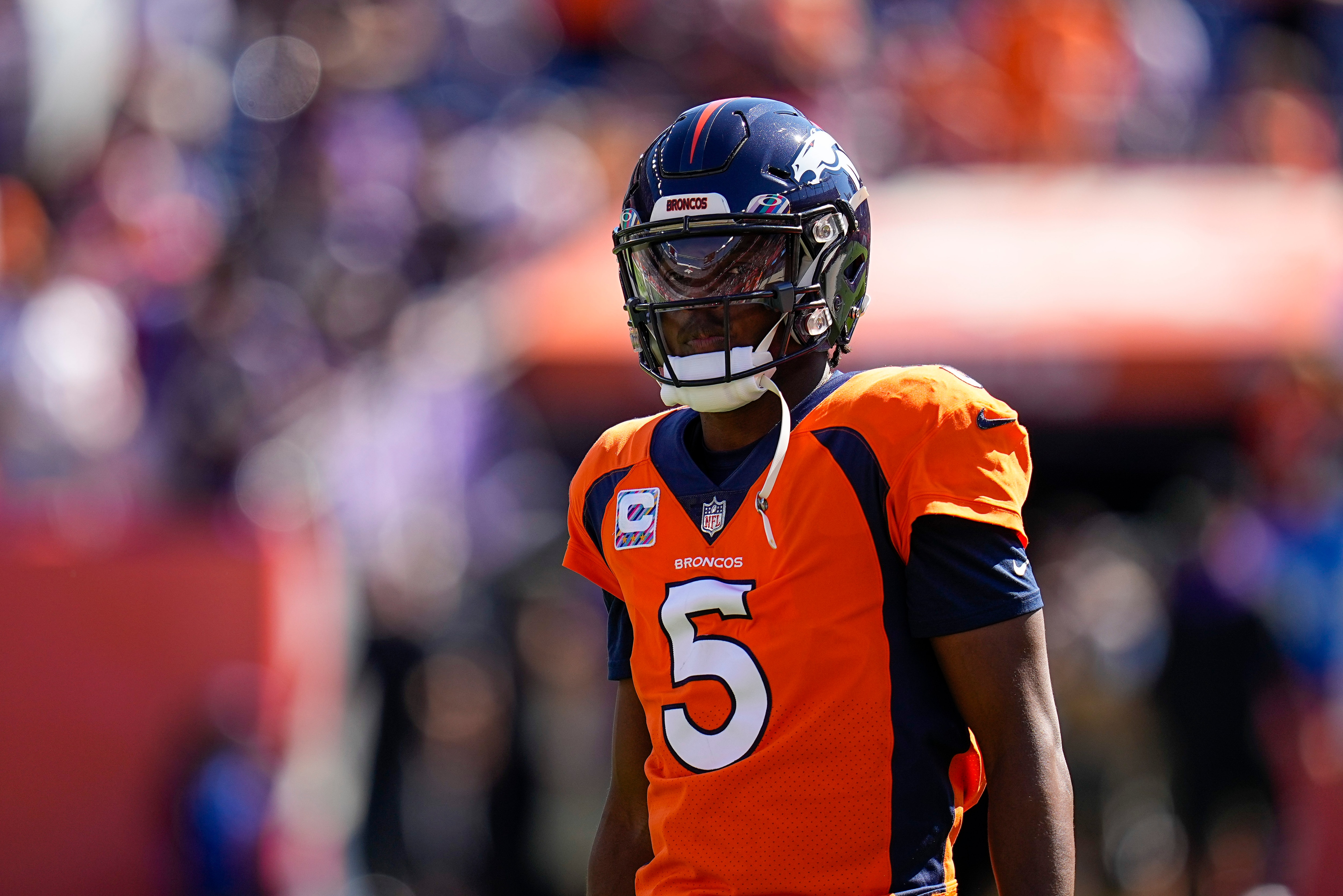 Denver Broncos quarterback Teddy Bridgewater (5) warms up against the Baltimore Ravens during an NFL football game Sunday, Oct. 3, 2021, in Denver. (AP Photo/Jack Dempsey)