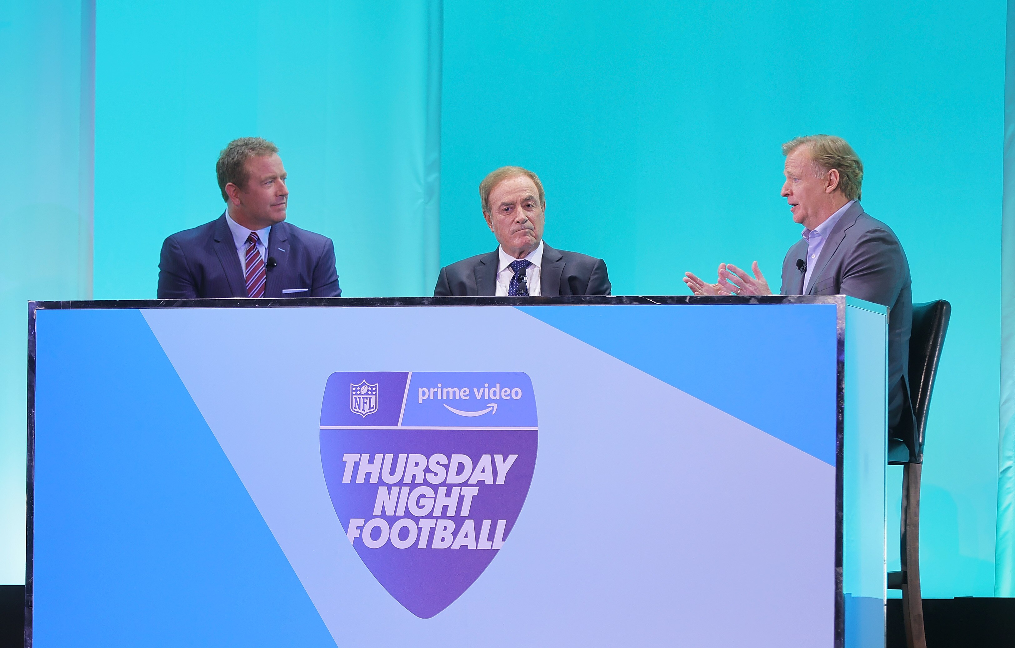NEW YORK, NEW YORK - MAY 02: (L-R) Kirk Herbstreit, Al Michaels and Roger Goodell speak on stage during Amazon Presentation At 2022 IAB NewFronts on May 02, 2022 in New York City. (Photo by Michael Loccisano/Getty Images for Amazon)