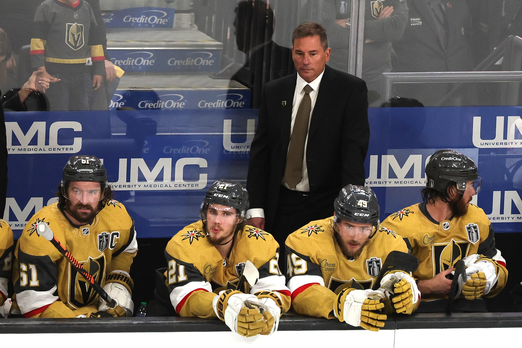 LAS VEGAS, NEVADA - JUNE 13: Head coach Bruce Cassidy of the Vegas Golden Knights looks on against the Florida Panthers during the first period in Game Five of the 2023 NHL Stanley Cup Final at T-Mobile Arena on June 13, 2023 in Las Vegas, Nevada. (Photo by Ethan Miller/Getty Images)