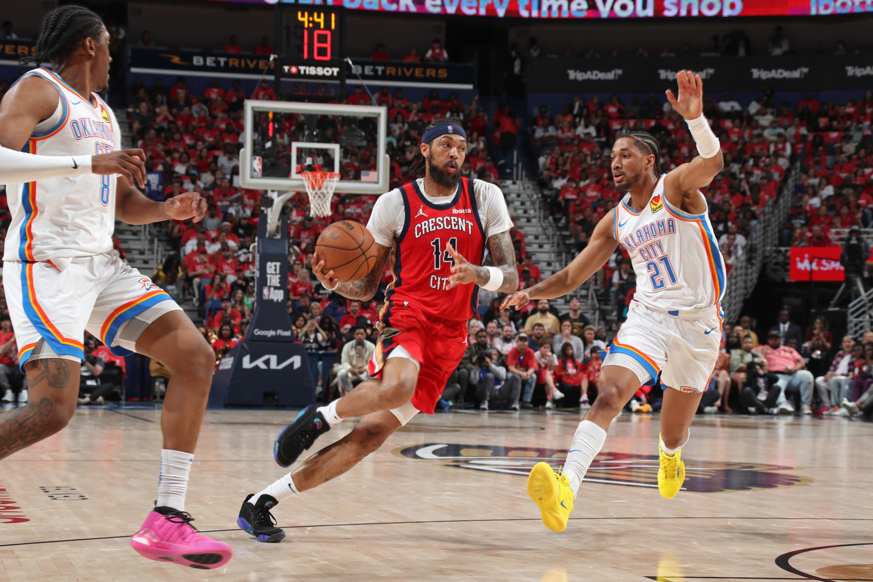NEW ORLEANS, LA - APRIL 27: Brandon Ingram #14 of the New Orleans Pelicans handles the ball during the game against the Oklahoma City Thunder during Round 1 Game 3 of the 2024 NBA Playoffs on April 27, 2024 at the Smoothie King Center in New Orleans, Louisiana. NOTE TO USER: User expressly acknowledges and agrees that, by downloading and or using this Photograph, user is consenting to the terms and conditions of the Getty Images License Agreement. Mandatory Copyright Notice: Copyright 2024 NBAE (Photo by Layne Murdoch Jr./NBAE via Getty Images)