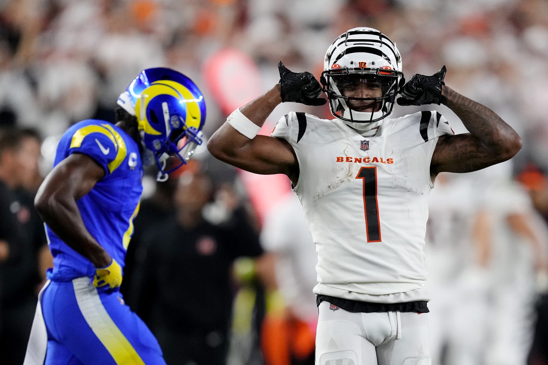 CINCINNATI, OHIO - SEPTEMBER 25: Ja'Marr Chase #1 of the Cincinnati Bengals celebrates after making a catch against the Los Angeles Rams during the third quarter in the game at Paycor Stadium on September 25, 2023 in Cincinnati, Ohio. (Photo by Dylan Buell/Getty Images)