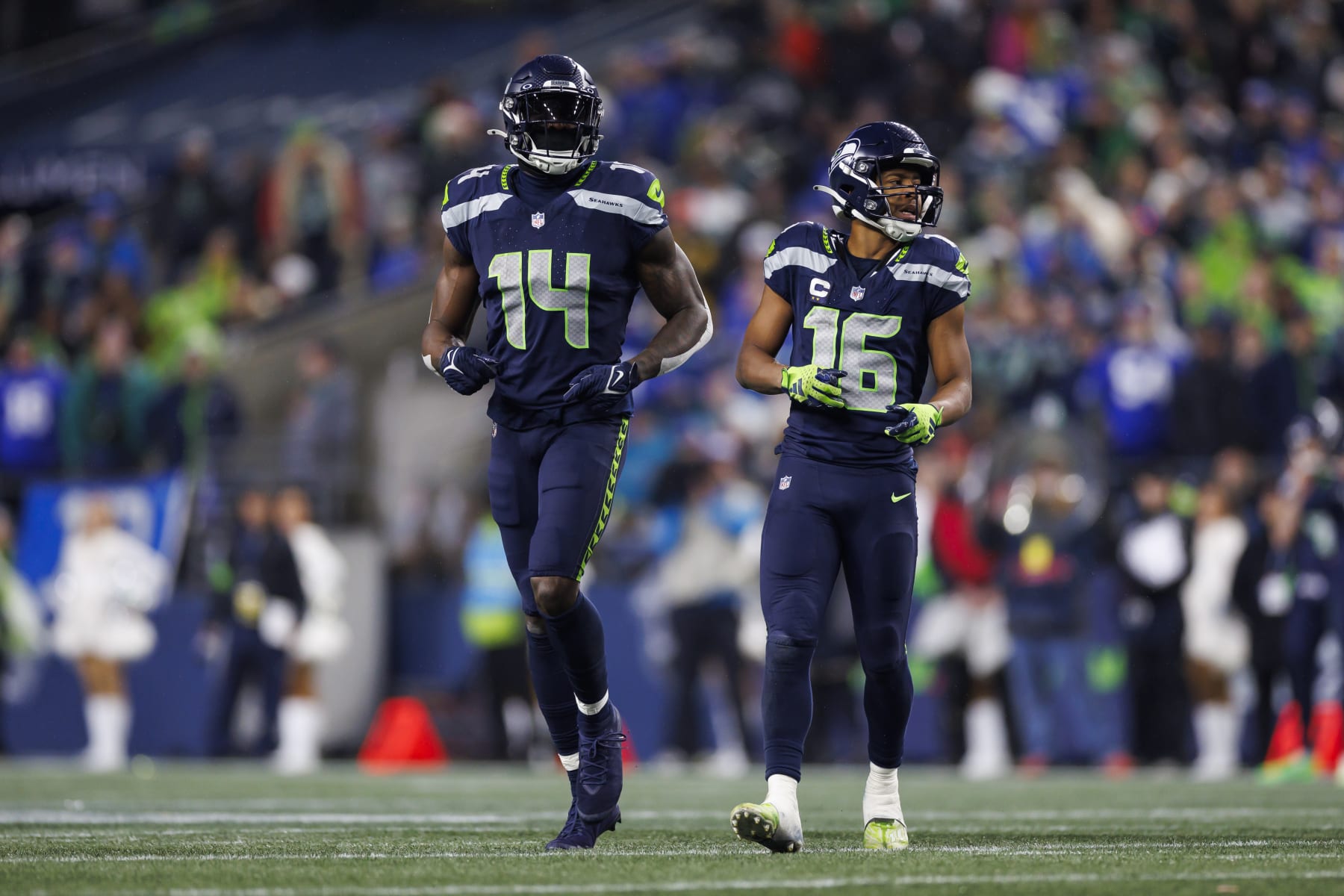 Seattle Seahawks wide receivers DK Metcalf (left) and Tyler Lockett (right)