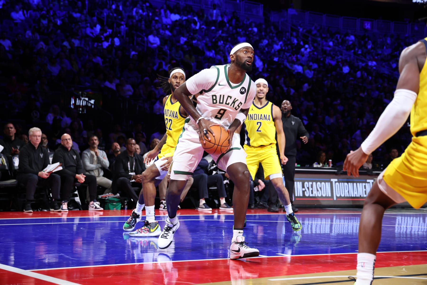 LAS VEGAS, NV - DECEMBER 7: Bobby Portis #9 of the Milwaukee Bucks drives to the basket during the game against the Indiana Pacers during the semifinals of the In-Season Tournament on December 7, 2023 at T-Mobile Arena in Las Vegas, Nevada. NOTE TO USER: User expressly acknowledges and agrees that, by downloading and or using this photograph, User is consenting to the terms and conditions of the Getty Images License Agreement. Mandatory Copyright Notice: Copyright 2023 NBAE (Photo by Jeff Haynes/NBAE via Getty Images)