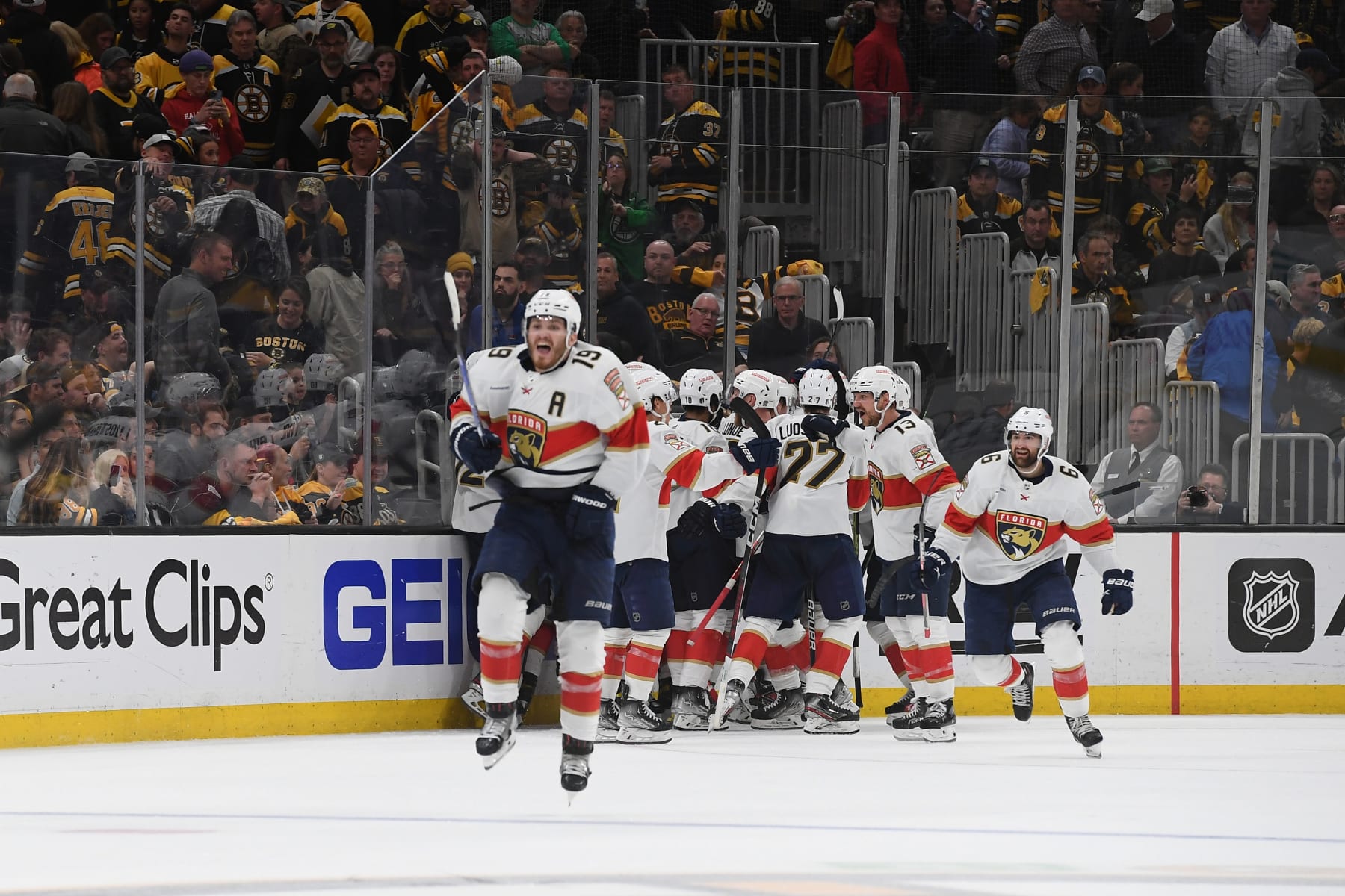BOSTON, MASSACHUSETTS - APRIL 30: Matthew Tkachuk #19 of the Florida Panthers celebrates the overtime win against the Boston Bruins in Game Seven of the First Round of the 2023 Stanley Cup Playoffs at TD Garden on April 30, 2023, in Boston, Massachusetts. (Photo by Steve Babineau/NHLI via Getty Images)