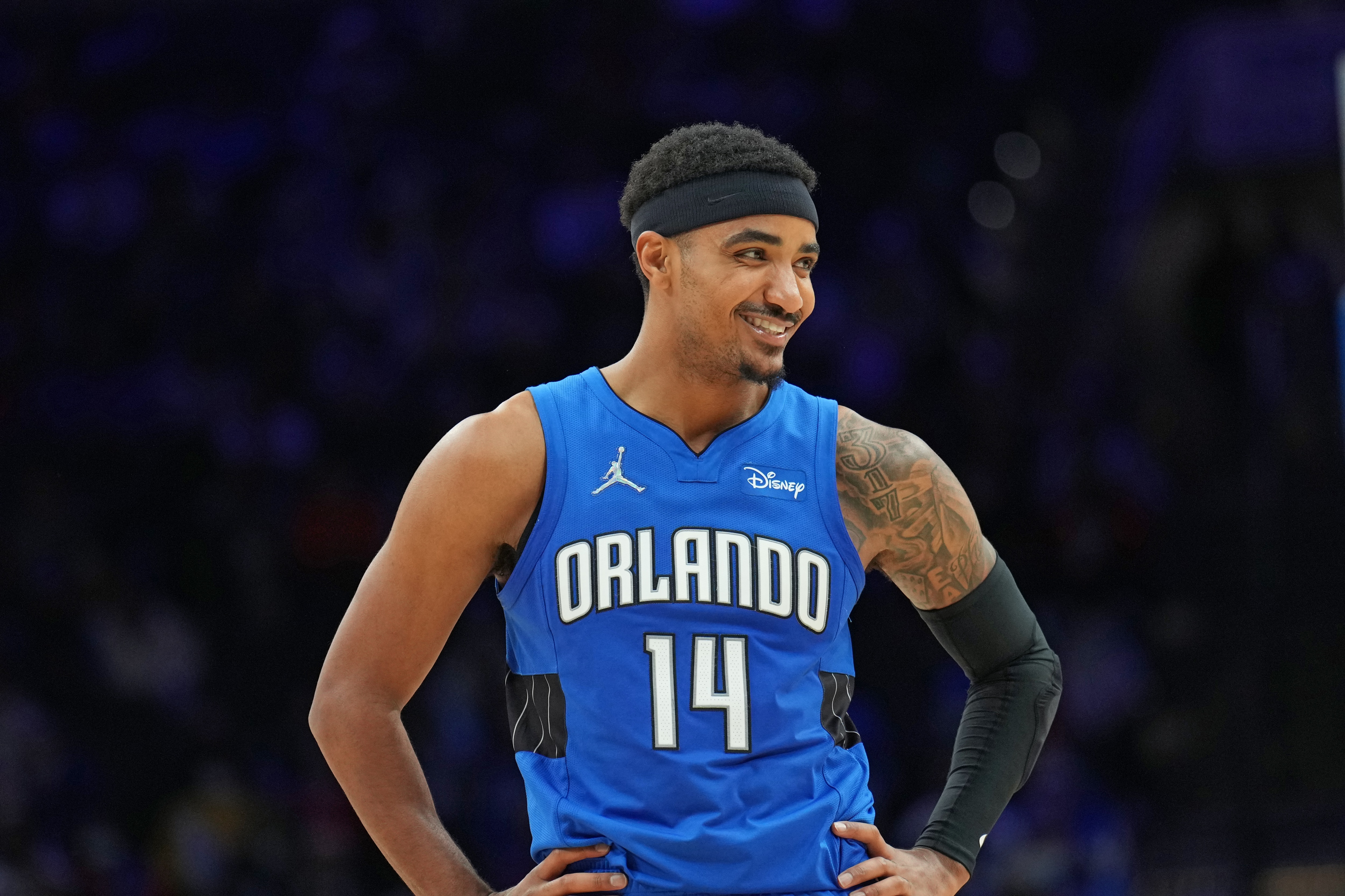 PHILADELPHIA, PA - JANUARY 19: Gary Harris #14 of the Orlando Magic smiles during a game against the Philadelphia 76ers on January 19, 2022 at Wells Fargo Center in Philadelphia, Pennsylvania. NOTE TO USER: User expressly acknowledges and agrees that, by downloading and/or using this Photograph, user is consenting to the terms and conditions of the Getty Images License Agreement. Mandatory Copyright Notice: Copyright 2022 NBAE (Photo by Jesse D. Garrabrant/NBAE via Getty Images)
