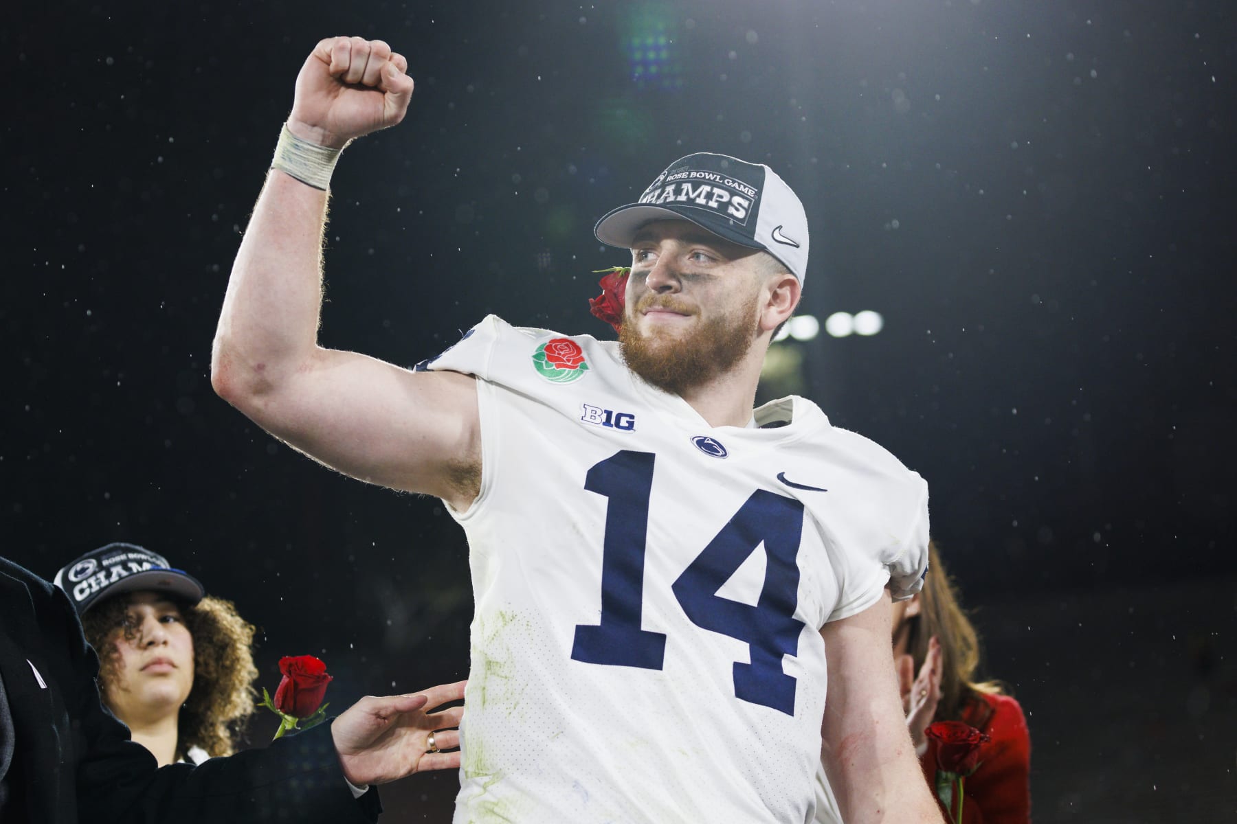 PASADENA, CA - JANUARY 02: Penn State Nittany Lions quarterback Sean Clifford (14) celebrates after the Rose Bowl game between the Penn State Nittany Lions and the Utah Utes on January 2, 2023 at the Rose Bowl Stadium in Pasadena, CA. (Photo by Ric Tapia/Icon Sportswire via Getty Images)