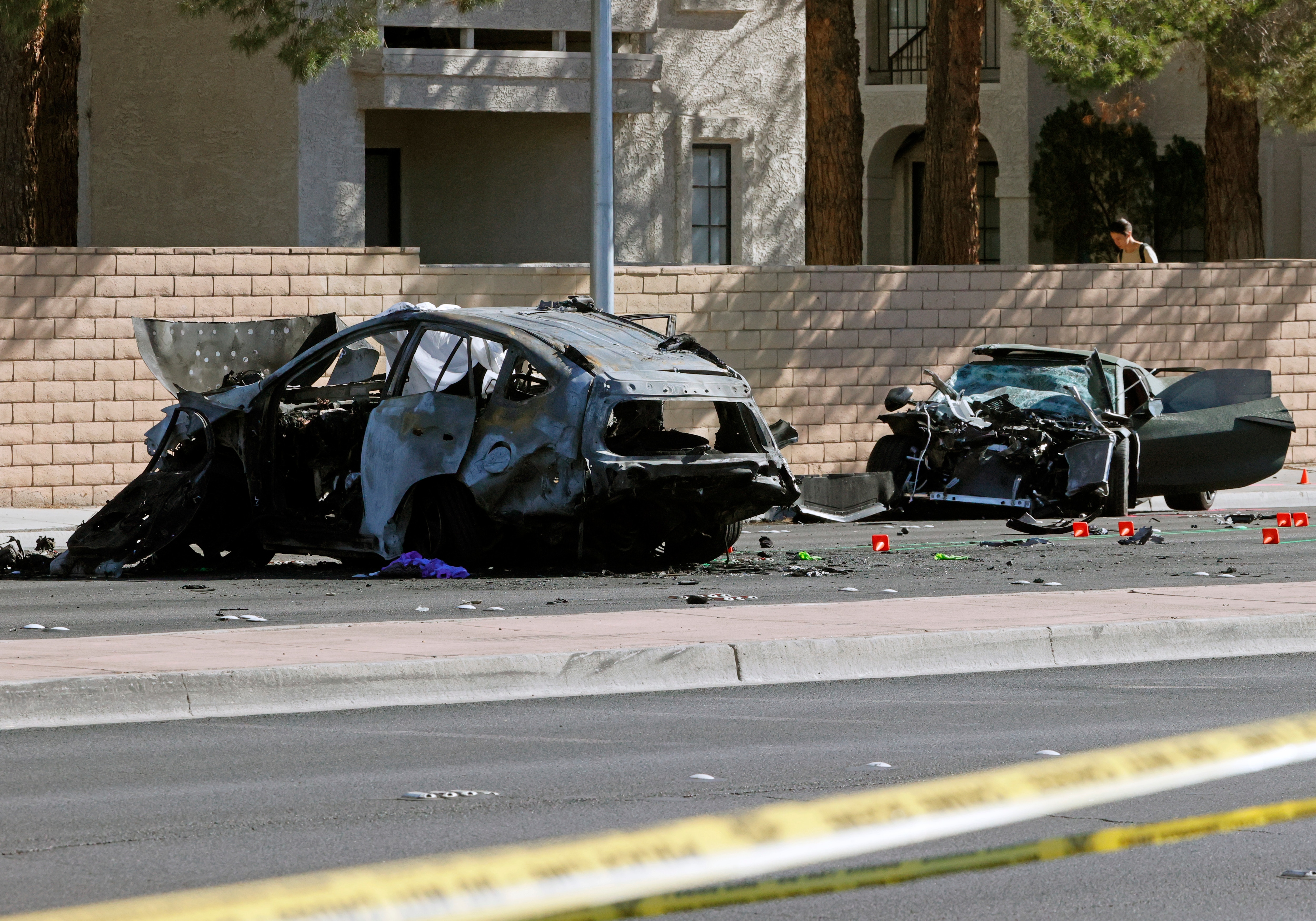 LAS VEGAS, NEVADA - NOVEMBER 02:  A Toyota RAV4 at left and a Chevrolet Corvette that were involved in a fatal accident are shown on November 2, 2021 in Las Vegas, Nevada. According to the Las Vegas Metropolitan Police Department, the Corvette was being driven by wide receiver Henry Ruggs III of the NFL Las Vegas Raiders when it hit the RAV4, killing a woman. Police say Ruggs will be charged with DUI resulting in death.  (Photo by Ethan Miller/Getty Images)
