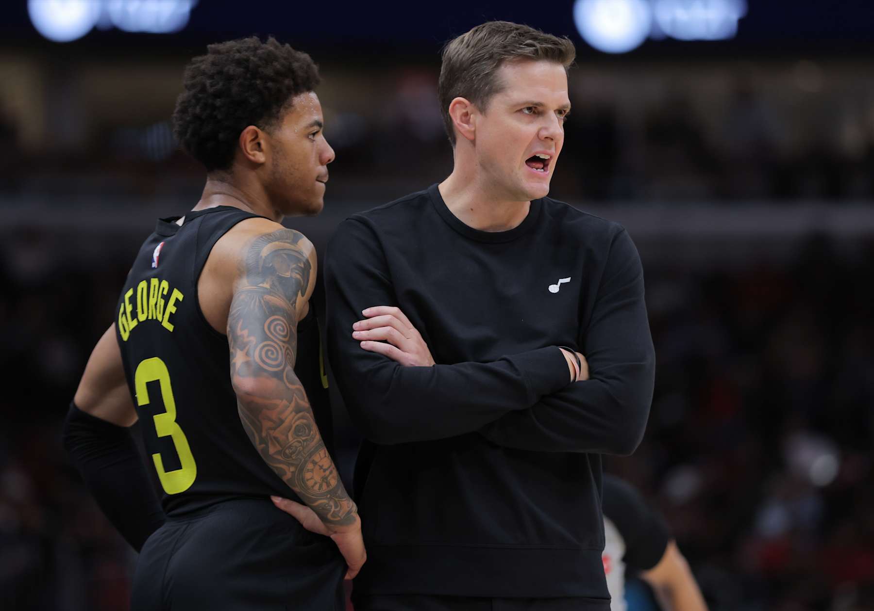 CHICAGO, IL - NOVEMBER 04: Utah Jazz head coach Will
Hardy and Utah Jazz guard Keyonte George (3) during the second half against the Chicago Bulls on November 4, 2024 at the United Center in Chicago,Illinois.(Photo by Melissa Tamez/Icon Sportswire via Getty Images)
