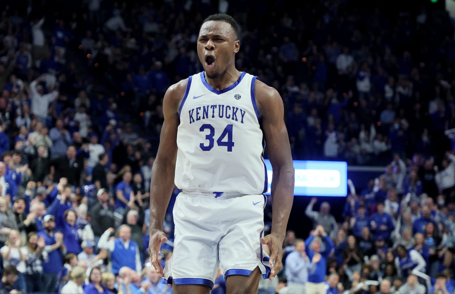 LEXINGTON, KENTUCKY - FEBRUARY 25: Oscar Tshiebwe  #34 of the Kentucky Wildcats celebrates in the 86-54 win against the Auburn Tigers at Rupp Arena on February 25, 2023 in Lexington, Kentucky. (Photo by Andy Lyons/Getty Images)