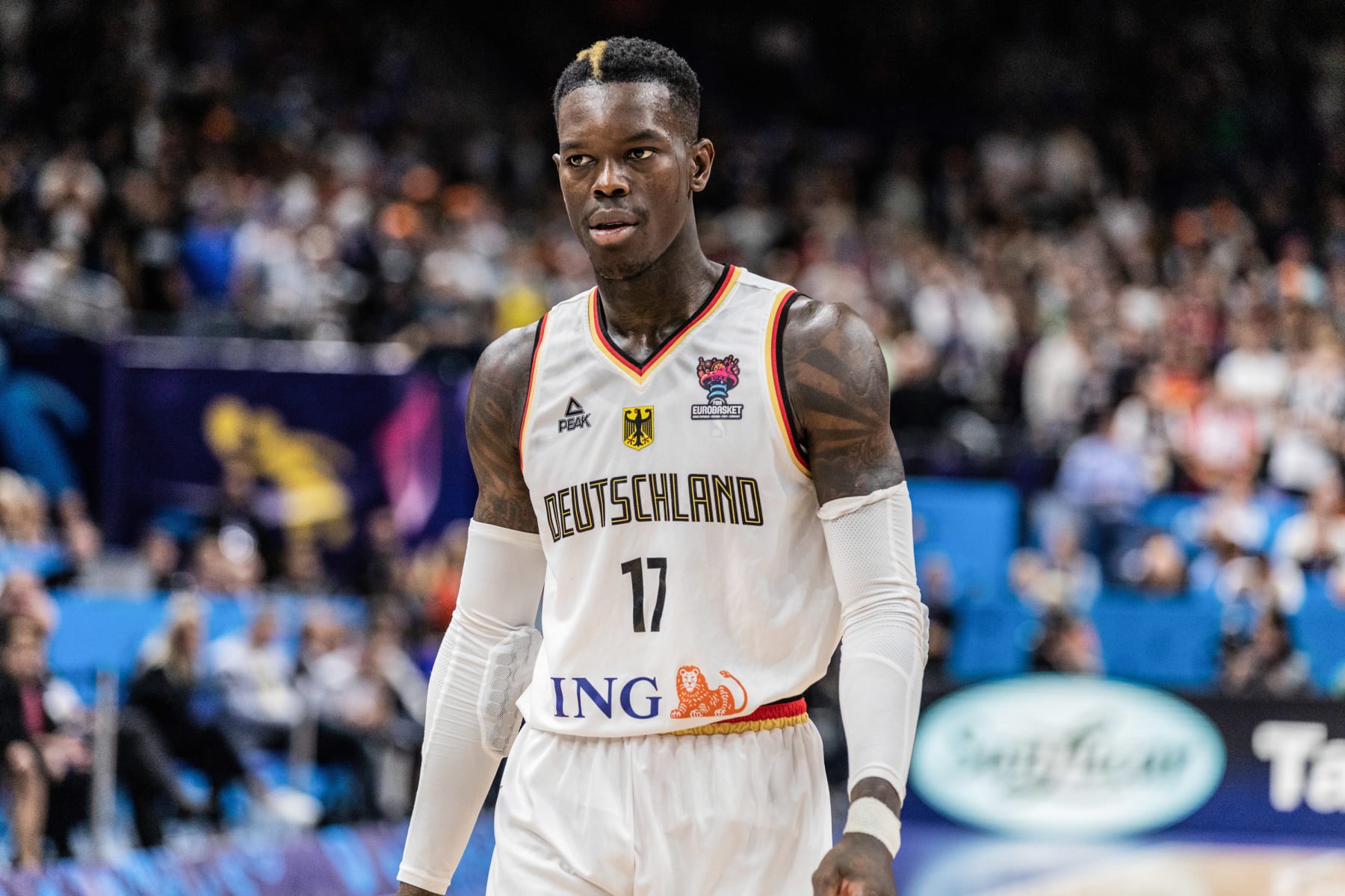 BERLIN, GERMANY - 2022/09/18: Dennis Schroder of Germany seen during the third-place game of the FIBA Eurobasket 2022 between Germany and Poland at Mercedes Benz Arena. 
Final score; Germany 82: 69 Poland. (Photo by Nicholas Muller/SOPA Images/LightRocket via Getty Images)