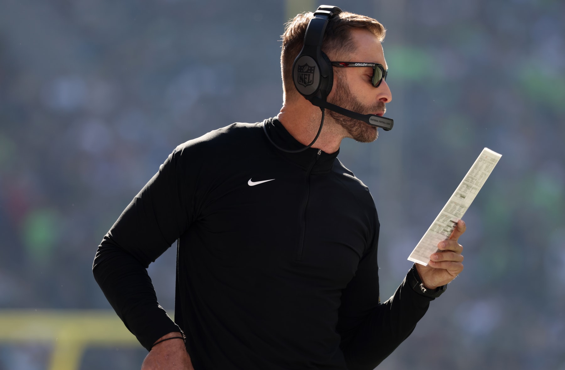 SEATTLE, WASHINGTON - OCTOBER 16: Head coach Kliff Kingsbury of the Arizona Cardinals looks on against the Seattle Seahawks during the first half at Lumen Field on October 16, 2022 in Seattle, Washington. (Photo by Tom Hauck/Getty Images)