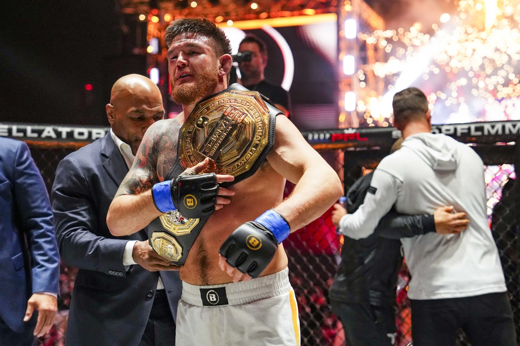 RIYADH, SAUDI ARABIA - FEBRUARY 25: Johnny Eblen celebrates after defeating Impa Kasanganay during the 2024 PFL vs Bellator: Champs event at Kingdom Arena on February 25, 2024 in Riyadh. (Photo by Cooper Neill/Getty Images)