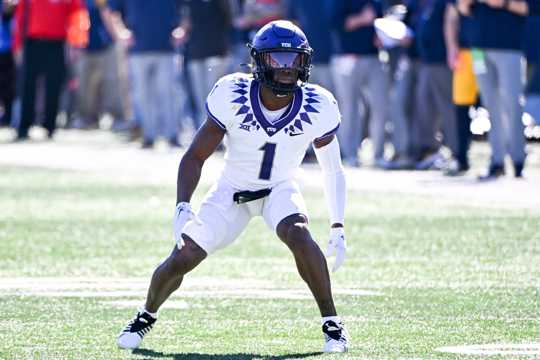 MORGANTOWN, WV - OCTOBER 29, 2022: TreVius Hodges-Tomlinson #1 of the TCU Horn Frogs in action during the first half against the West Virginia Mountaineers at Milan Puskar Stadium on October 29, 2022 in Morgantown, West Virginia. (Photo by Chris Bernacchi/Diamond Images via Getty Images)