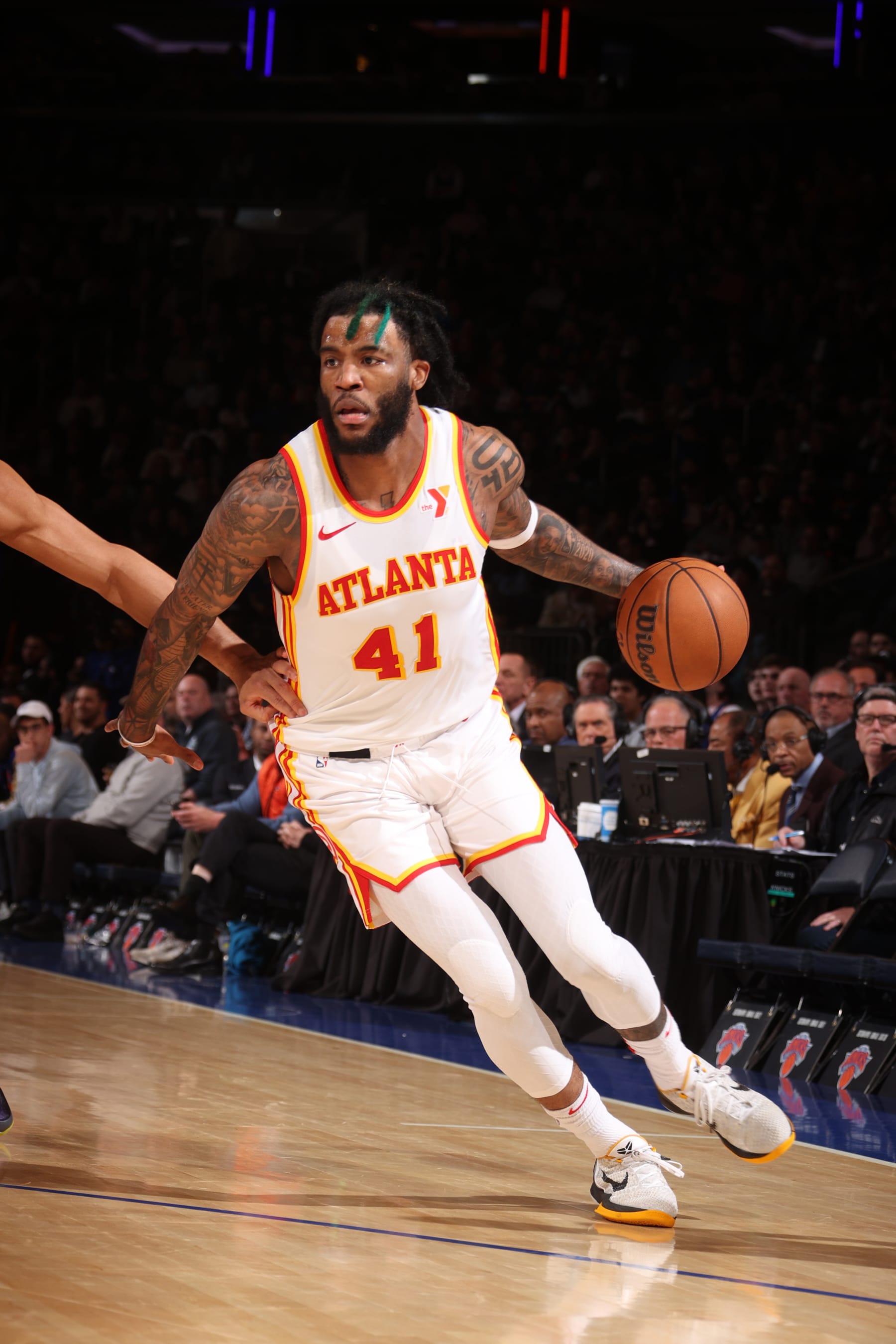 NEW YORK, NY - MARCH 5: Saddiq Bey #41 of the Atlanta Hawks handles the ball during the game against the New York Knicks on March 5, 2024 at Madison Square Garden in New York City, New York.  NOTE TO USER: User expressly acknowledges and agrees that, by downloading and or using this photograph, User is consenting to the terms and conditions of the Getty Images License Agreement. Mandatory Copyright Notice: Copyright 2024 NBAE  (Photo by Nathaniel S. Butler/NBAE via Getty Images)