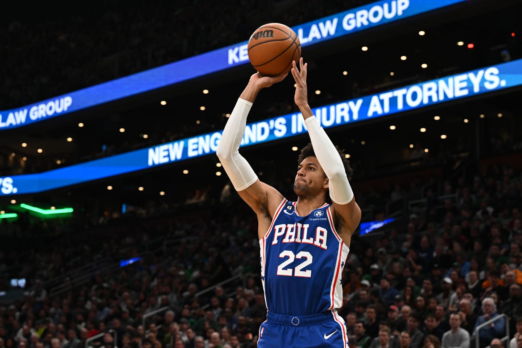 BOSTON, MASSACHUSETTS - FEBRUARY 08: Matisse Thybulle #22 of the Philadelphia 76ers attempts a three-point basket against the Boston Celtics during the fourth quarter at the TD Garden on February 08, 2023 in Boston, Massachusetts. NOTE TO USER: User expressly acknowledges and agrees that, by downloading and or using this photograph, User is consenting to the terms and conditions of the Getty Images License Agreement.  (Photo by Brian Fluharty/Getty Images)
