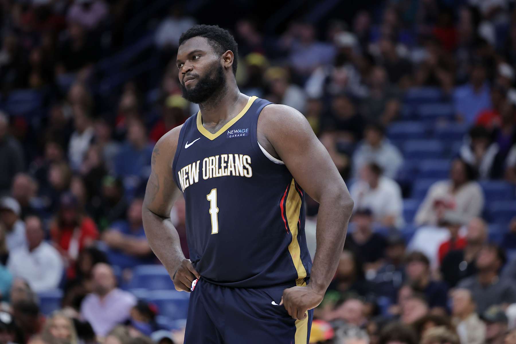 NEW ORLEANS, LOUISIANA - NOVEMBER 06: Zion Williamson #1 of the New Orleans Pelicans reacts against the Cleveland Cavaliers during the second half at the Smoothie King Center on November 06, 2024 in New Orleans, Louisiana. NOTE TO USER: User expressly acknowledges and agrees that, by downloading and or using this Photograph, user is consenting to the terms and conditions of the Getty Images License Agreement. (Photo by Jonathan Bachman/Getty Images)