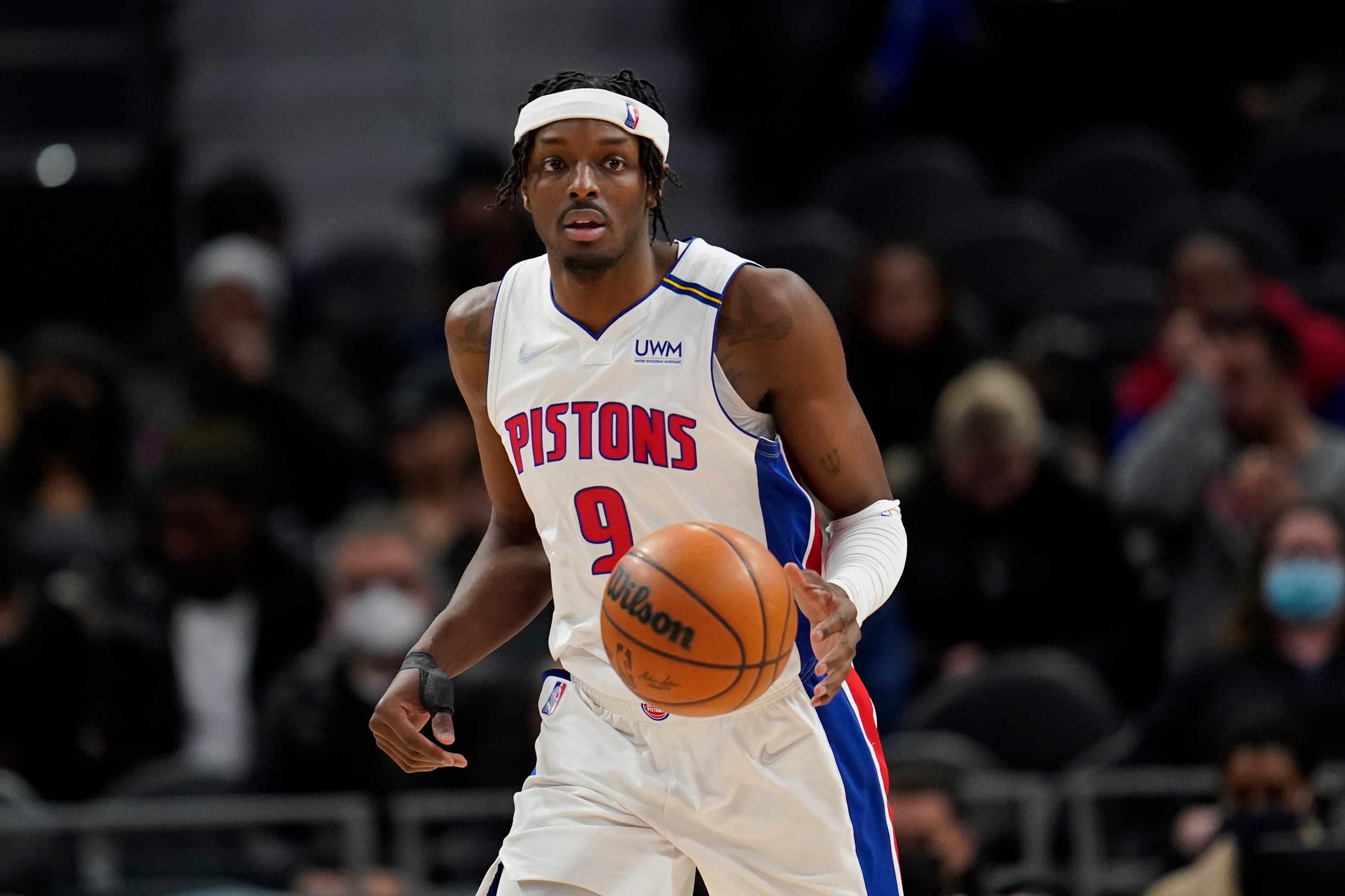 Detroit Pistons forward Jerami Grant (9) plays against the Minnesota Timberwolves in the second half of an NBA basketball game in Detroit, Thursday, Feb. 3, 2022. (AP Photo/Paul Sancya)