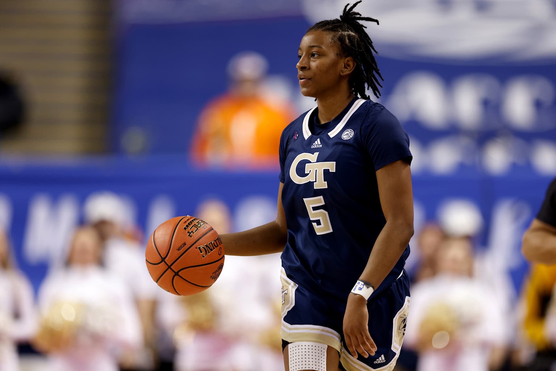 GREENSBORO, NORTH CAROLINA - MARCH 07: Tonie Morgan #5 of the Georgia Tech Yellow Jackets dribbles up court against the Duke Blue Devils during the first half of the game in the Second Round of the ACC Women's Basketball Tournament at Greensboro Coliseum on March 7, 2024 in Greensboro, North Carolina. (Photo by Lance King/Getty Images)