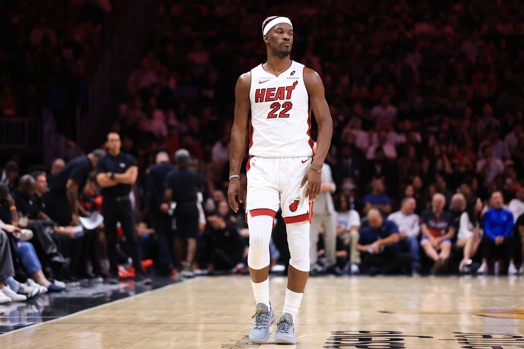 MIAMI, FLORIDA - JANUARY 01: Jimmy Butler #22 of the Miami Heat looks on against the New Orleans Pelicans during the second quarter of the game at Kaseya Center on January 01, 2025 in Miami, Florida. NOTE TO USER: User expressly acknowledges and agrees that, by downloading and or using this photograph, User is consenting to the terms and conditions of the Getty Images License Agreement. (Photo by Megan Briggs/Getty Images)