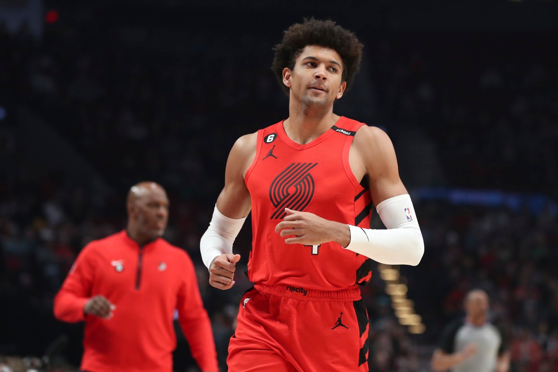 PORTLAND, OREGON - MARCH 26: Matisse Thybulle #4 of the Portland Trail Blazers runs up the court during the first quarter against the Oklahoma City Thunder at Moda Center on March 26, 2023 in Portland, Oregon. NOTE TO USER: User expressly acknowledges and agrees that, by downloading and or using this photograph, user is consenting to the terms and conditions of the Getty Images License Agreement. (Photo by Amanda Loman/Getty Images)