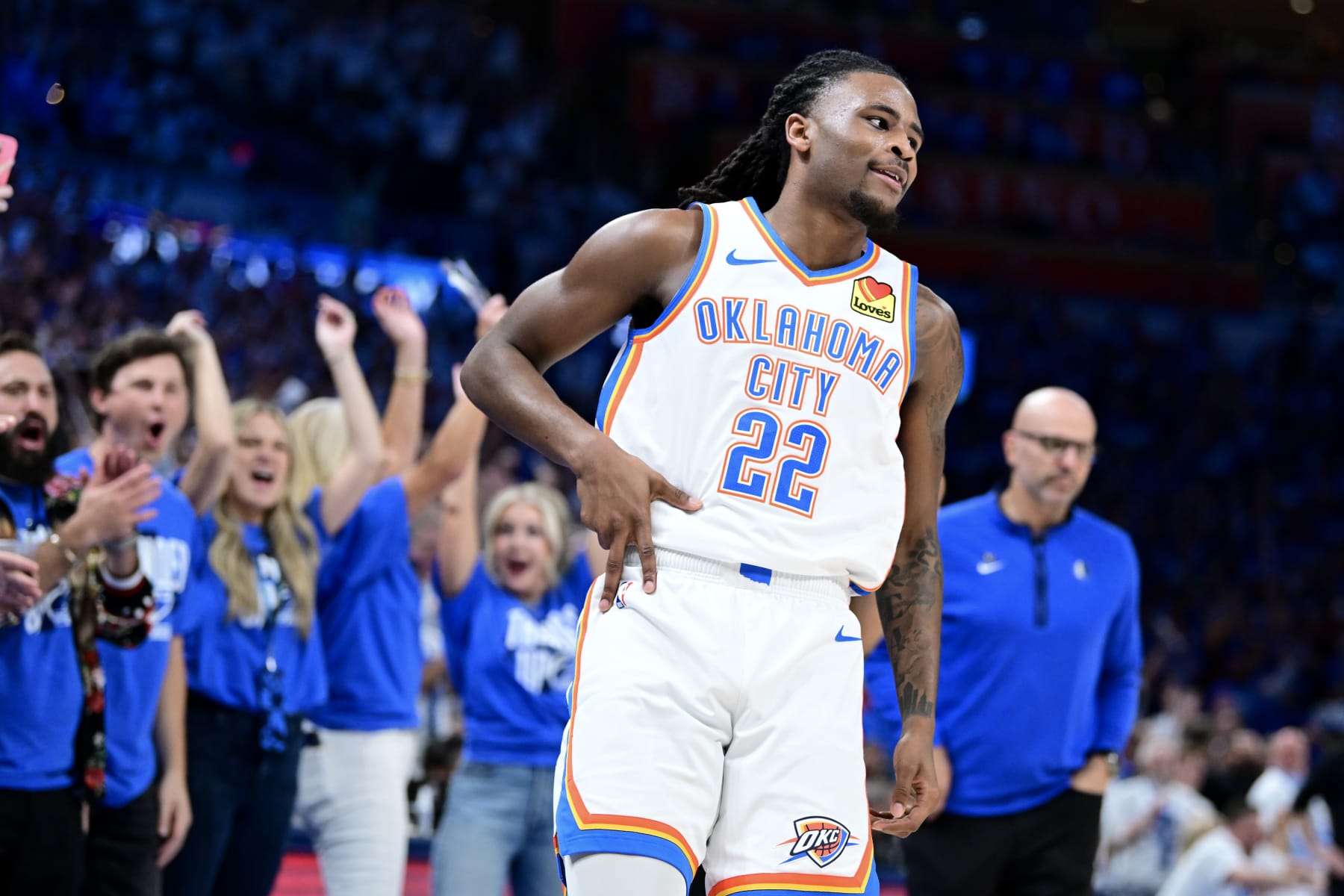 OKLAHOMA CITY, OKLAHOMA - MAY 07: Cason Wallace #22 of the Oklahoma City Thunder reacts to a shot during the fourth quarter against the Dallas Mavericks in Game One of the Western Conference Second Round Playoffs at Paycom Center on May 07, 2024 in Oklahoma City, Oklahoma. NOTE TO USER: User expressly acknowledges and agrees that, by downloading and or using this photograph, User is consenting to the terms and conditions of the Getty Images License Agreement. (Photo by Joshua Gateley/Getty Images)