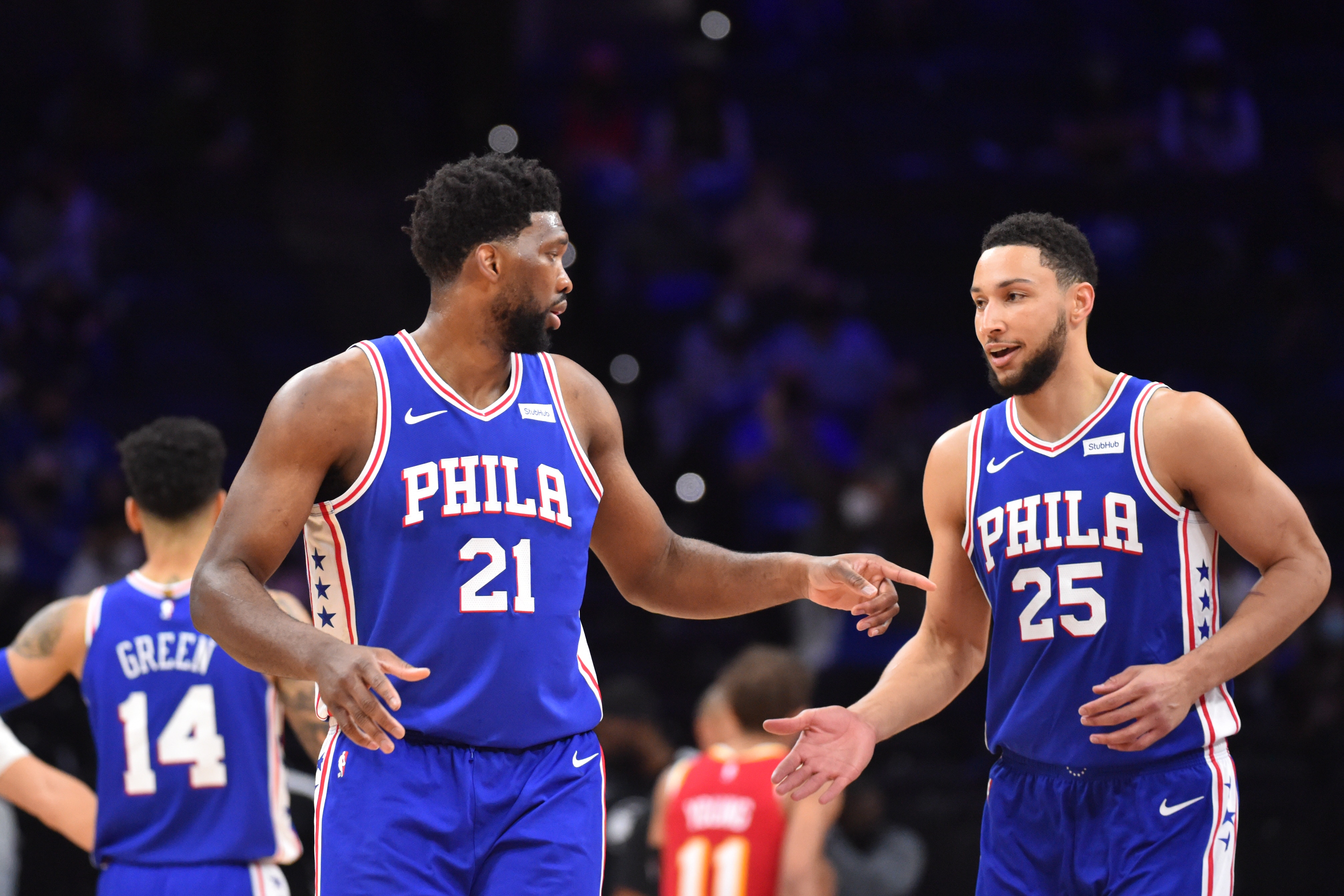 PHILADELPHIA, PA - APRIL 30: Joel Embiid #21 of the Philadelphia 76ers and Ben Simmons #25 of the Philadelphia 76ers high-five during a game against the Atlanta Hawks on April 30, 2021 at Wells Fargo Center in Philadelphia, Pennsylvania. NOTE TO USER: User expressly acknowledges and agrees that, by downloading and/or using this Photograph, user is consenting to the terms and conditions of the Getty Images License Agreement. Mandatory Copyright Notice: Copyright 2021 NBAE (Photo by Jesse D. Garrabrant/NBAE via Getty Images)