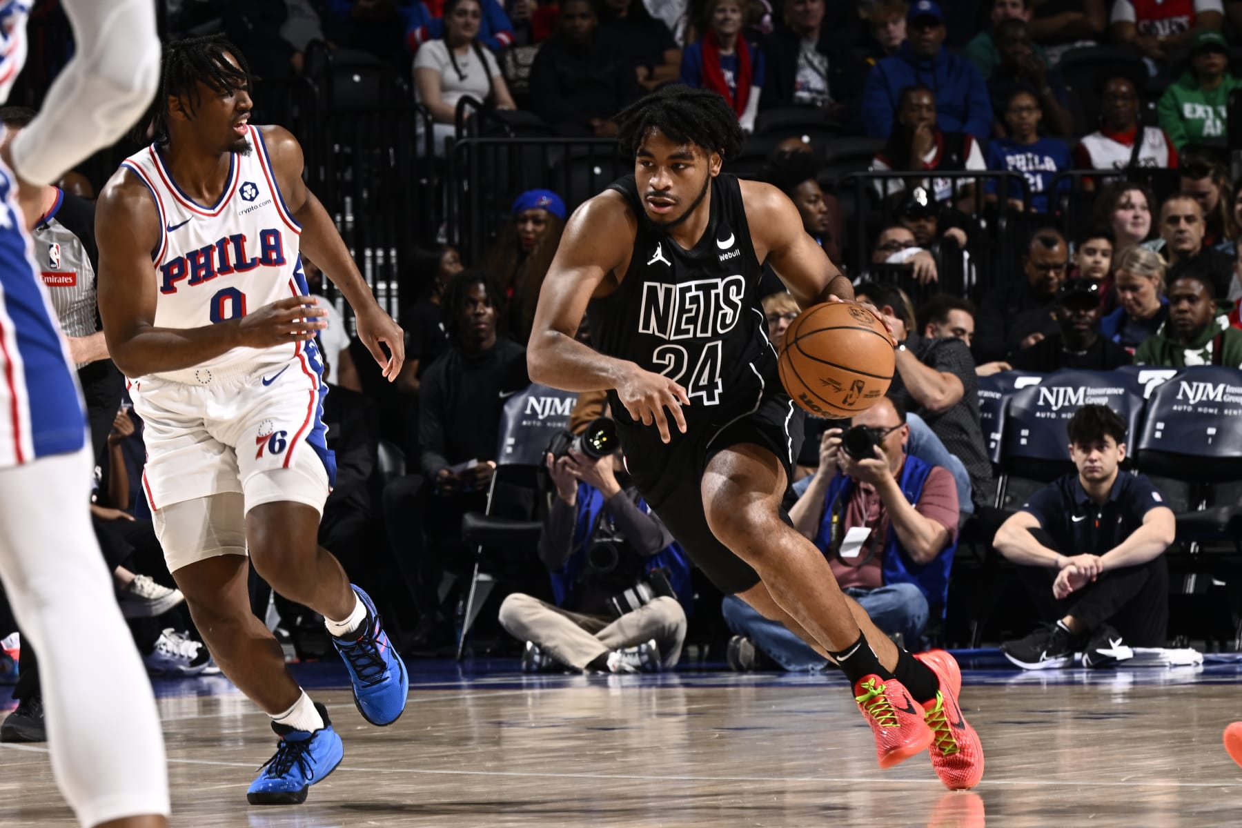 PHILADELPHIA, PA - APRIL 14: Cam Thomas #24 of the Brooklyn Nets handles the ball during the game against the Philadelphia 76ers on April 14, 2024 at the Wells Fargo Center in Philadelphia, Pennsylvania NOTE TO USER: User expressly acknowledges and agrees that, by downloading and/or using this Photograph, user is consenting to the terms and conditions of the Getty Images License Agreement. Mandatory Copyright Notice: Copyright 2024 NBAE (Photo by David Dow/NBAE via Getty Images)