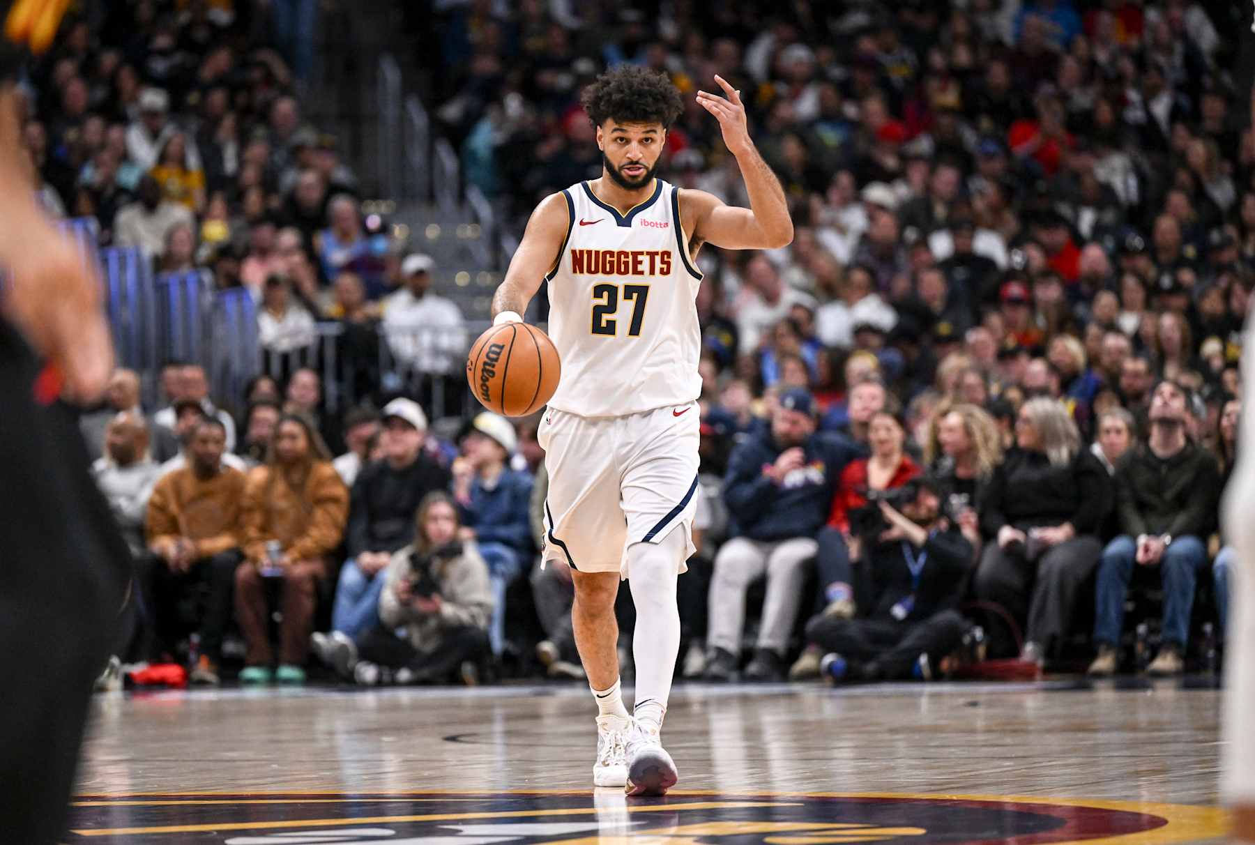 DENVER, CO - JANUARY 1: Jamal Murray (27) of the Denver Nuggets brings the ball up court agianst the Atlanta Hawks during the second quarter at Ball Arena in Denver, Colorado on Wednesday, January 1, 2025. (Photo by AAron Ontiveroz/The Denver Post)