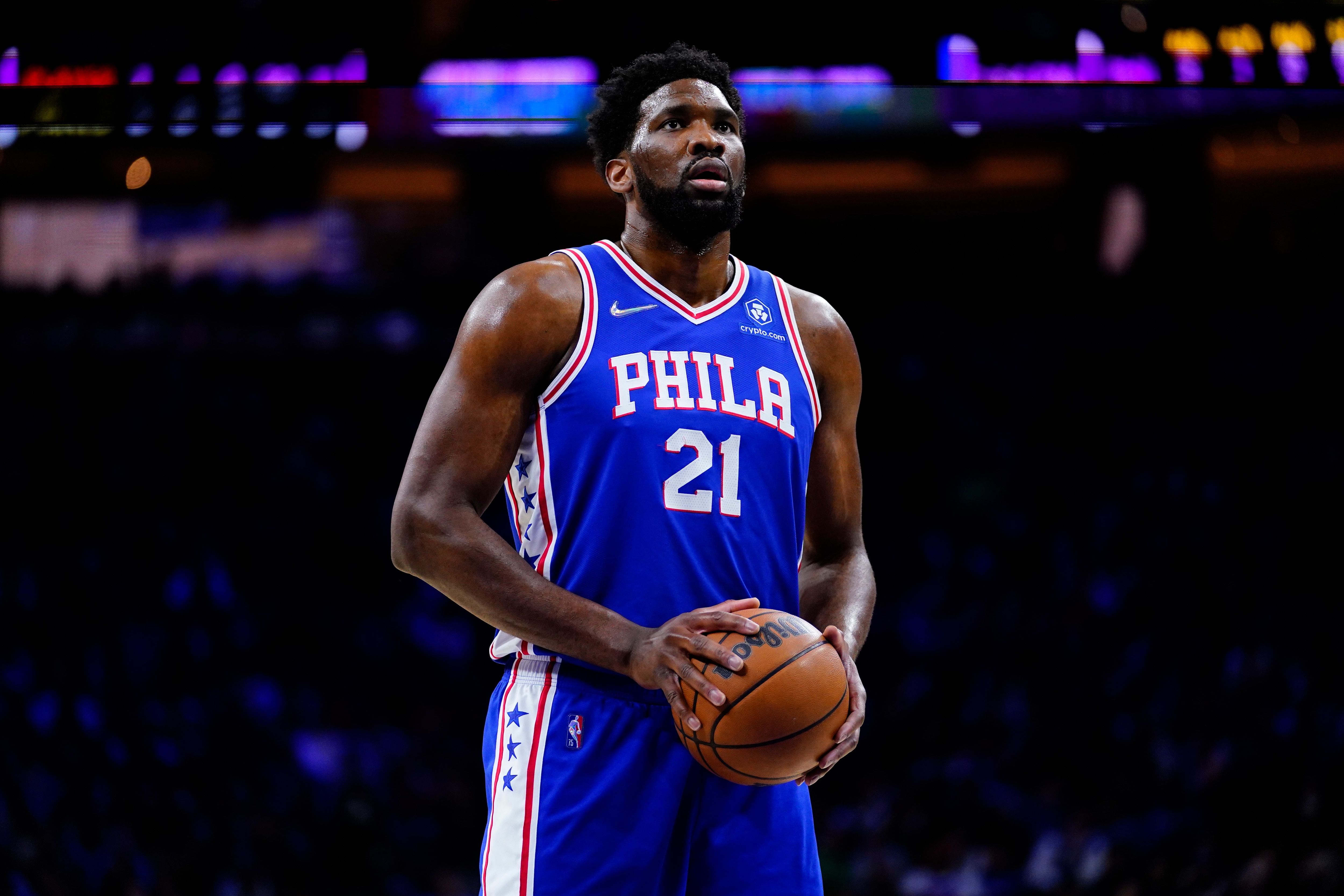 Philadelphia 76ers' Joel Embiid plays during an NBA basketball game, Thursday, March 10, 2022, in Philadelphia. (AP Photo/Matt Slocum)