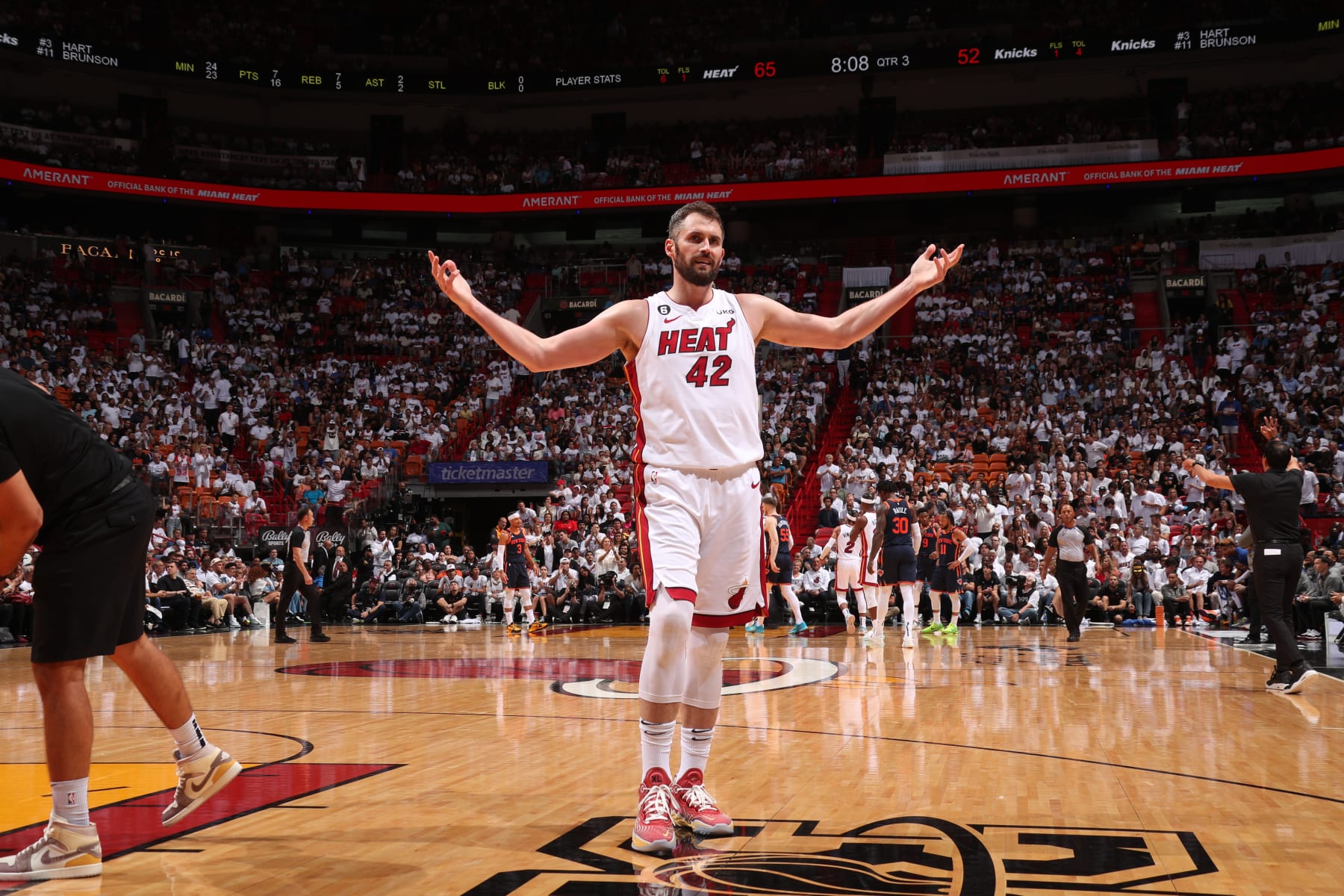 MIAMI, FL - MAY 6: Kevin Love #42 of the Miami Heat celebrates during the game against the New York Knicks during Game Three of the Eastern Conference Semi-Finals of the 2023 NBA Playoffs on May 6, 2023 at Miami-Dade Arena in Miami, Florida. NOTE TO USER: User expressly acknowledges and agrees that, by downloading and or using this Photograph, user is consenting to the terms and conditions of the Getty Images License Agreement. Mandatory Copyright Notice: Copyright 2023 NBAE (Photo by Issac Baldizon/NBAE via Getty Images)