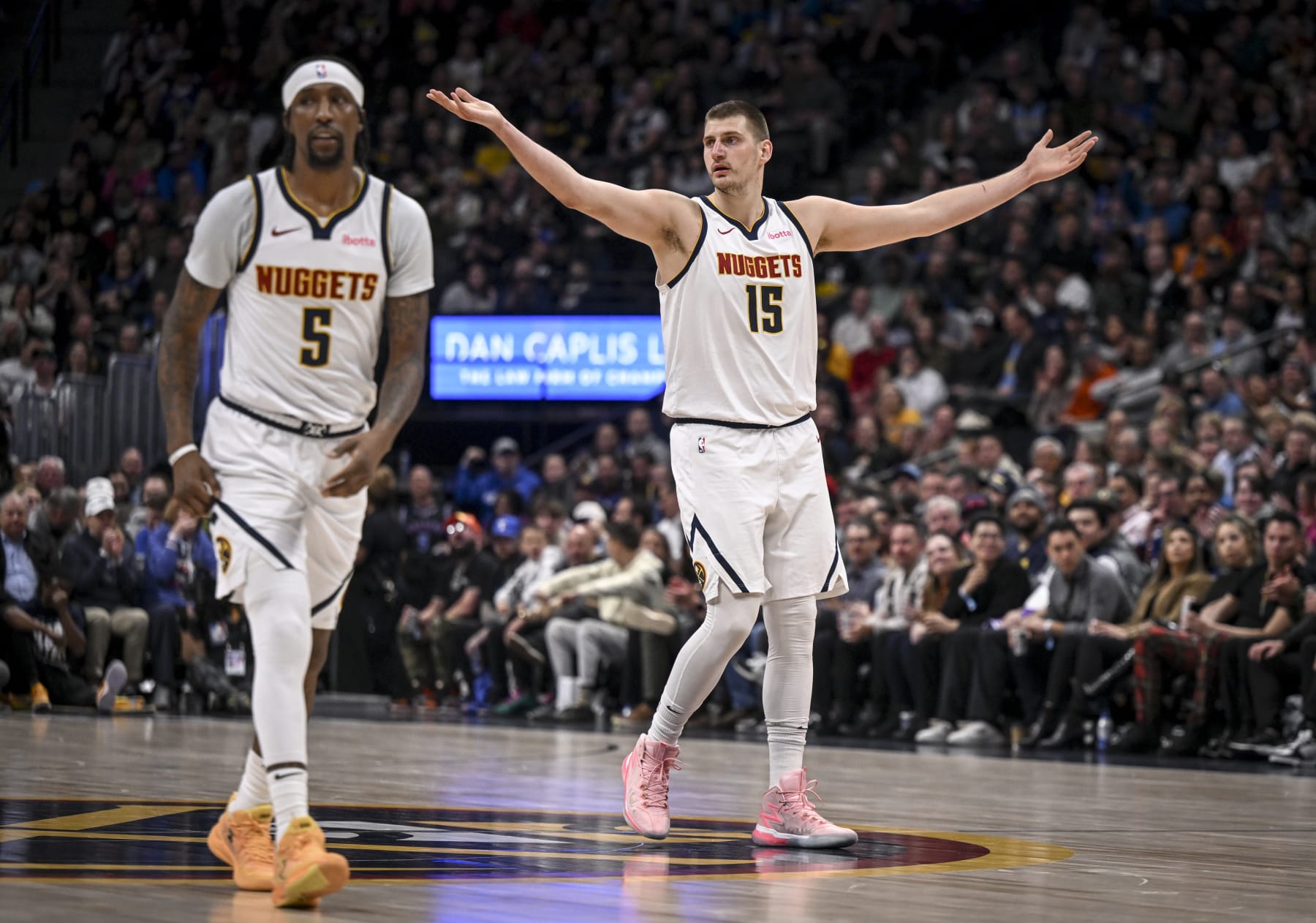 DENVER, CO - FEBRUARY 28: Nikola Jokic (15) of the Denver Nuggets looks for a foul call on behalf of Aaron Gordon (50) during the second quarter against the Sacramento Kings at Ball Arena on Wednesday, February 28, 2024. (Photo by AAron Ontiveroz/The Denver Post)