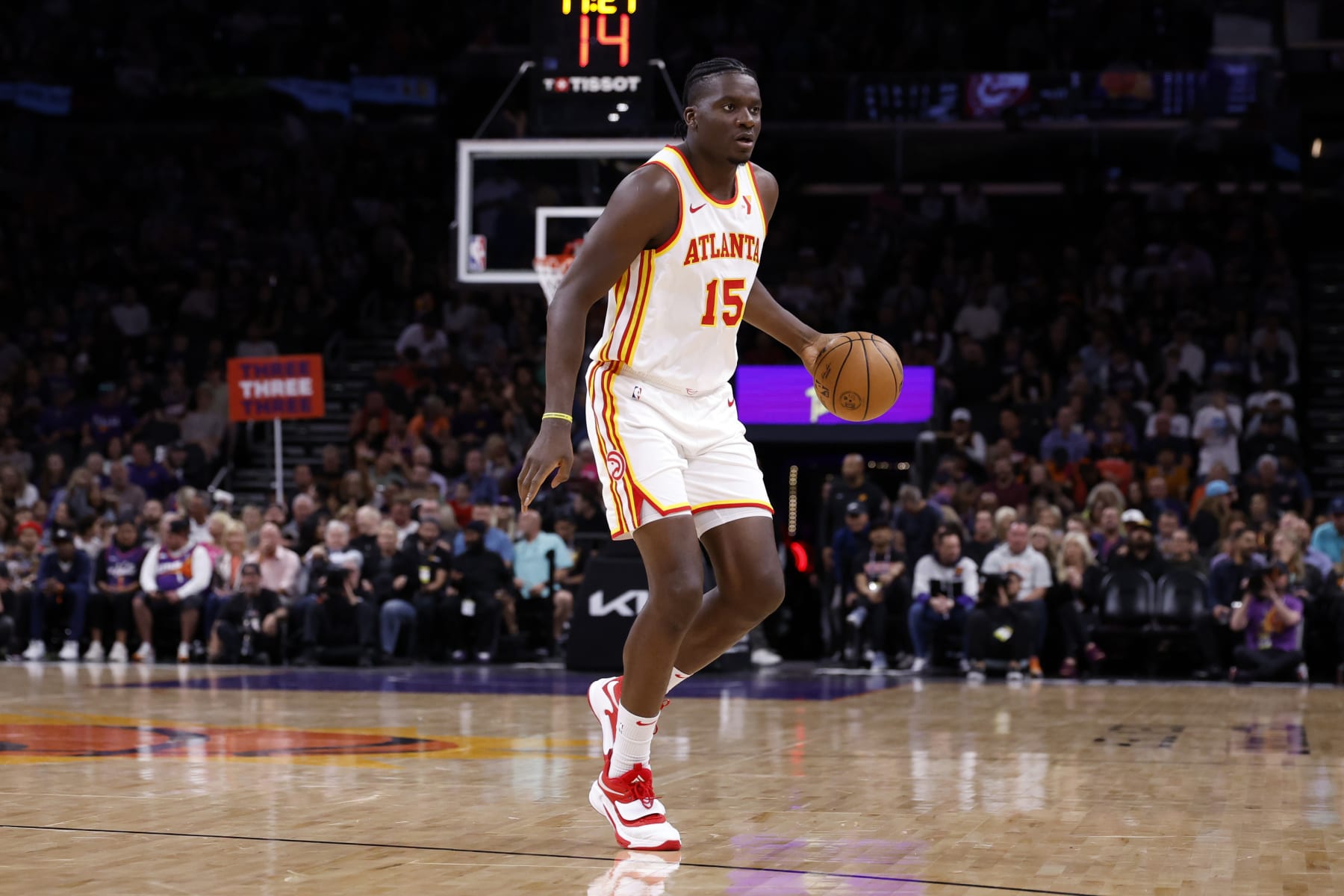 PHOENIX, ARIZONA - MARCH 21: Clint Capela #15 of the Atlanta Hawks controls the ball during the game against the Phoenix Suns at Footprint Center on March 21, 2024 in Phoenix, Arizona. NOTE TO USER: User expressly acknowledges and agrees that, by downloading and or using this photograph, User is consenting to the terms and conditions of the Getty Images License Agreement.  (Photo by Chris Coduto/Getty Images)