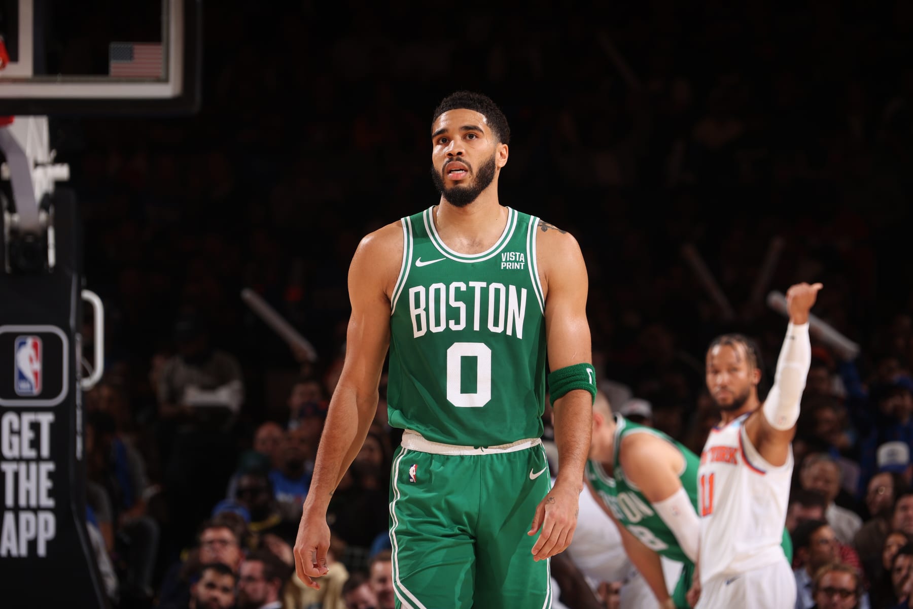 NEW YORK, NY - OCTOBER 25: Jayson Tatum #0 of the Boston Celtics looks on during the game against the New York Knicks on October 25, 2023 at Madison Square Garden in New York City, New York.  NOTE TO USER: User expressly acknowledges and agrees that, by downloading and or using this photograph, User is consenting to the terms and conditions of the Getty Images License Agreement. Mandatory Copyright Notice: Copyright 2023 NBAE  (Photo by Nathaniel S. Butler/NBAE via Getty Images)