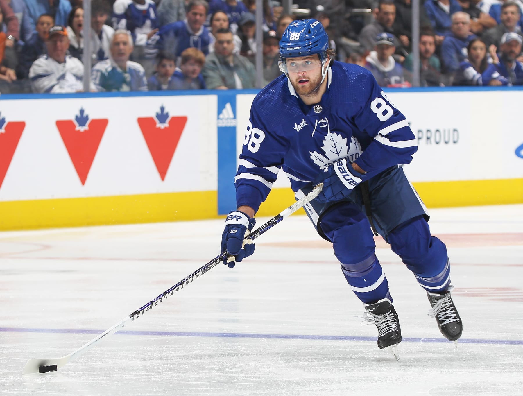TORONTO, CANADA - MAY 12:  William Nylander #88 of the Toronto Maple Leafs skates with the puck against the Florida Panthers during Game Five of the Second Round of the 2023 Stanley Cup Playoffs at Scotiabank Arena on May 12, 2023 in Toronto, Ontario, Canada. The Panthers defeated the Maple Leafs 3-2 in overtime. (Photo by Claus Andersen/Getty Images)