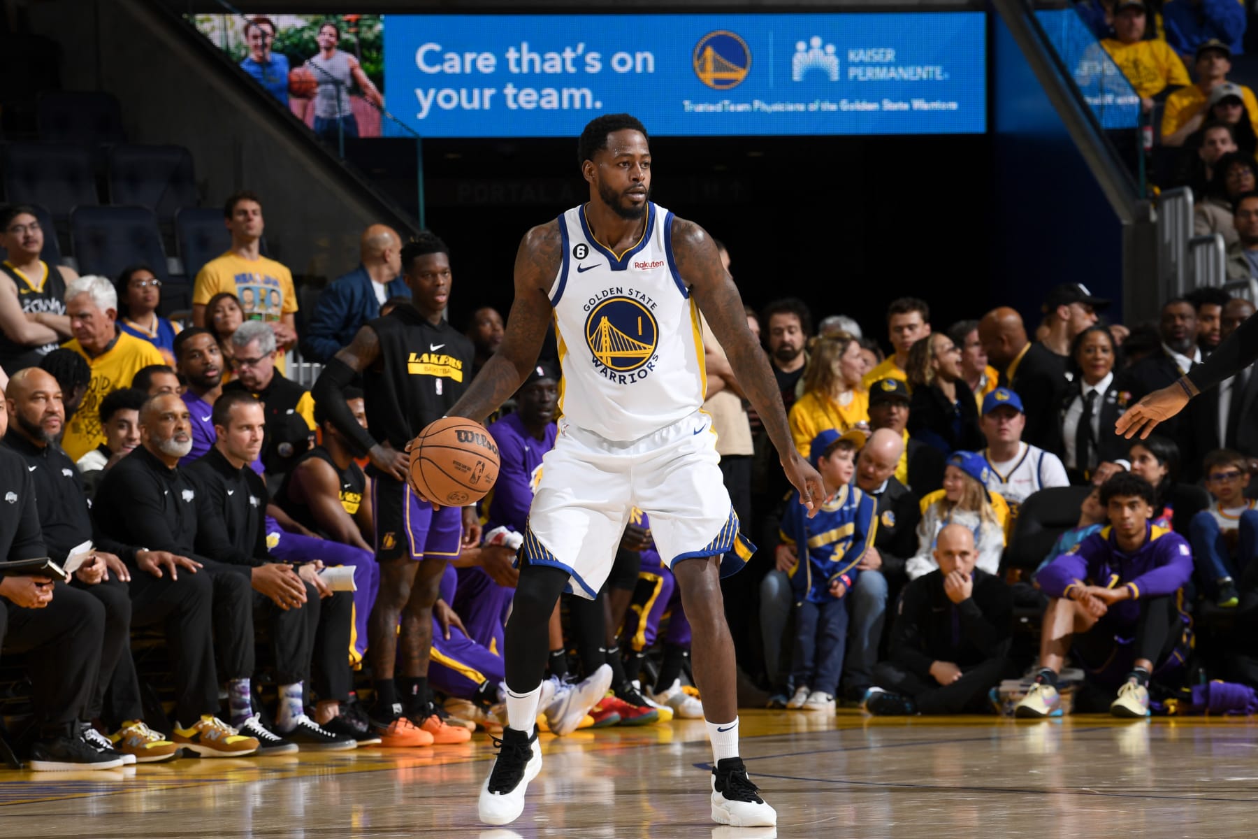 SAN FRANCISCO, CA - MAY 4: JaMychal Green #1 of the Golden State Warriors dribbles the ball during the game against the Los Angeles Lakers during Game 2 of the 2023 NBA Playoffs Western Conference Semifinals on May 4, 2023 at Chase Center in San Francisco, California. NOTE TO USER: User expressly acknowledges and agrees that, by downloading and or using this photograph, user is consenting to the terms and conditions of Getty Images License Agreement. Mandatory Copyright Notice: Copyright 2023 NBAE (Photo by Noah Graham/NBAE via Getty Images)