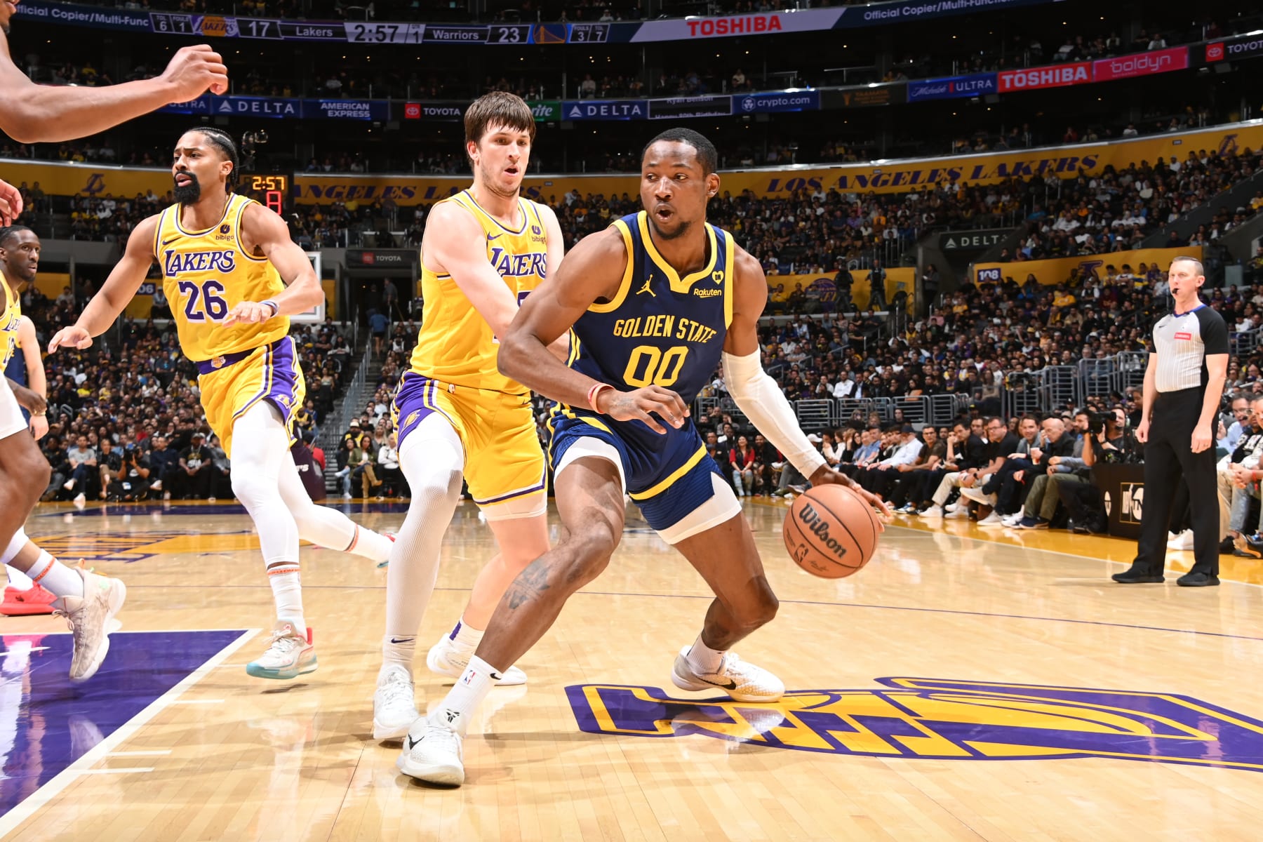 LOS ANGELES, CA - APRIL 9: Jonathan Kuminga #00 of the Golden State Warriors dribbles the ball during the game against the Los Angeles Lakers on April 9, 2024 at Crypto.Com Arena in Los Angeles, California. NOTE TO USER: User expressly acknowledges and agrees that, by downloading and/or using this Photograph, user is consenting to the terms and conditions of the Getty Images License Agreement. Mandatory Copyright Notice: Copyright 2024 NBAE (Photo by Andrew D. Bernstein/NBAE via Getty Images)