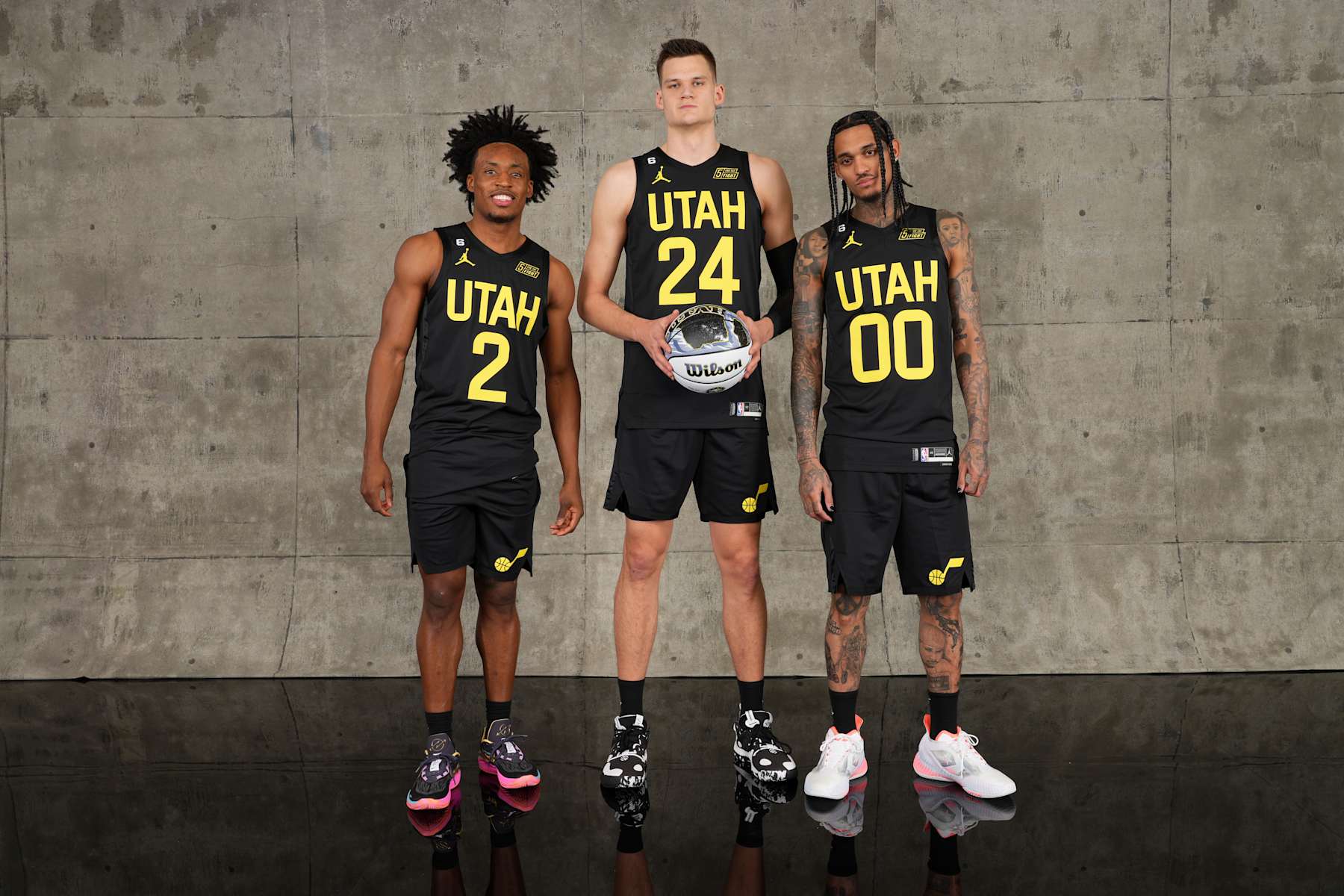 SALT LAKE CITY, UT - FEBRUARY 18: Colin Sexton #2, Walker Kessler #24 and Jordan Clarkson #00 of the Utah Jazz pose for a portrait before the Kia Skills Challenge as part of 2023 NBA All Star Weekend on Saturday, February 18, 2023 at Vivint Arena in Salt Lake City, Utah. NOTE TO USER: User expressly acknowledges and agrees that, by downloading and/or using this Photograph, user is consenting to the terms and conditions of the Getty Images License Agreement. Mandatory Copyright Notice: Copyright 2023 NBAE (Photo by Jesse D. Garrabrant/NBAE via Getty Images)