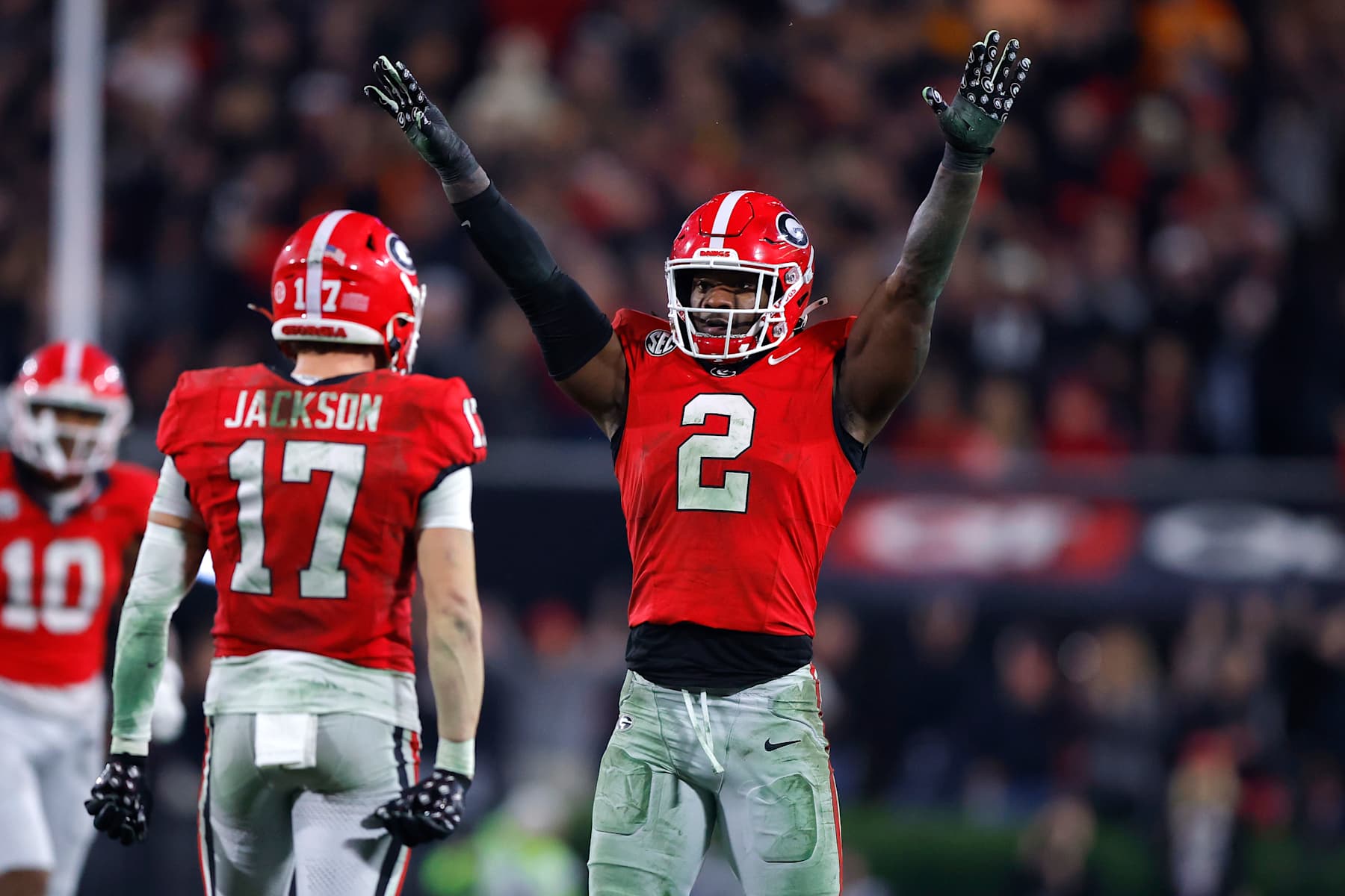 ATHENS, GEORGIA - NOVEMBER 16: Smael Mondon Jr. #2 of the Georgia Bulldogs reacts after a defensive stop during the third quarter against the Tennessee Volunteers at Sanford Stadium on November 16, 2024 in Athens, Georgia. (Photo by Todd Kirkland/Getty Images)