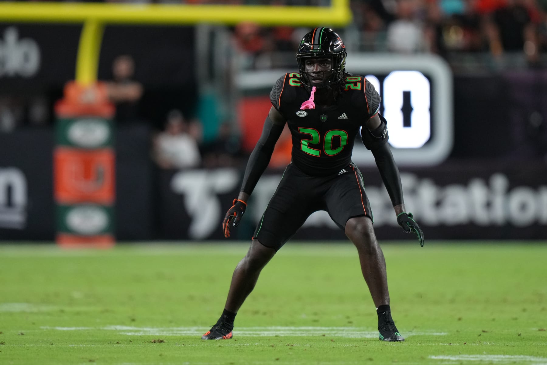 MIAMI GARDENS, FL - OCTOBER 07: Miami Hurricanes safety James Williams (20) defends in the secondary during the game between the Georgia Tech Yellow Jackets and the Miami Hurricanes on Saturday, October 7, 2023 at Hard Rock Stadium, Miami Gardens, Fla. (Photo by Peter Joneleit/Icon Sportswire via Getty Images)