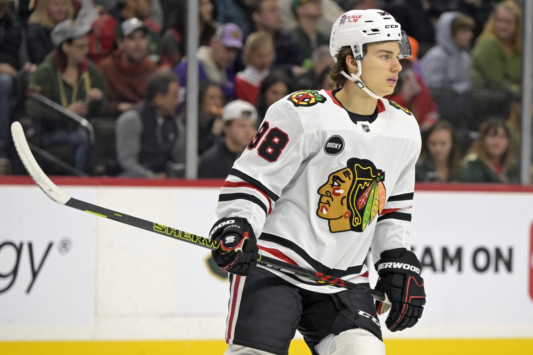 MINNEAPOLIS, MN - DECEMBER 03: Chicago Blackhawks forward Connor Bedard (98) looks on during an NHL game between the Minnesota Wild and Chicago Blackhawks on December 3, 2023, at Xcel Energy Center in St. Paul, MN.(Photo by Nick Wosika/Icon Sportswire via Getty Images)