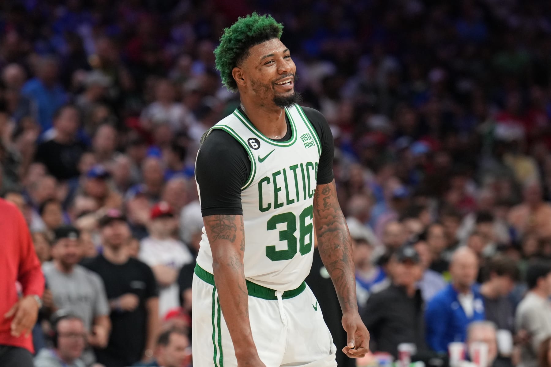 PHILADELPHIA, PA - MAY 7: Marcus Smart #36 of the Boston Celtics smiles during Game Four of the Eastern Conference Semi-Finals of the 2023 NBA Playoffs against the Philadelphia 76ers on May 7, 2023 at the Wells Fargo Center in Philadelphia, Pennsylvania NOTE TO USER: User expressly acknowledges and agrees that, by downloading and/or using this Photograph, user is consenting to the terms and conditions of the Getty Images License Agreement. Mandatory Copyright Notice: Copyright 2023 NBAE (Photo by Jesse D. Garrabrant/NBAE via Getty Images)