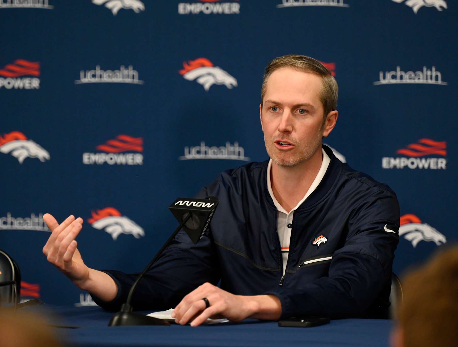 CENTENNIAL, CO - APRIL 22: Denver Broncos assistant GM Darren Mougey during a pre-draft press conference at the Pat Bowlen Fieldhouse April 22, 2022. (Photo by Andy Cross/MediaNews Group/The Denver Post via Getty Images)"n