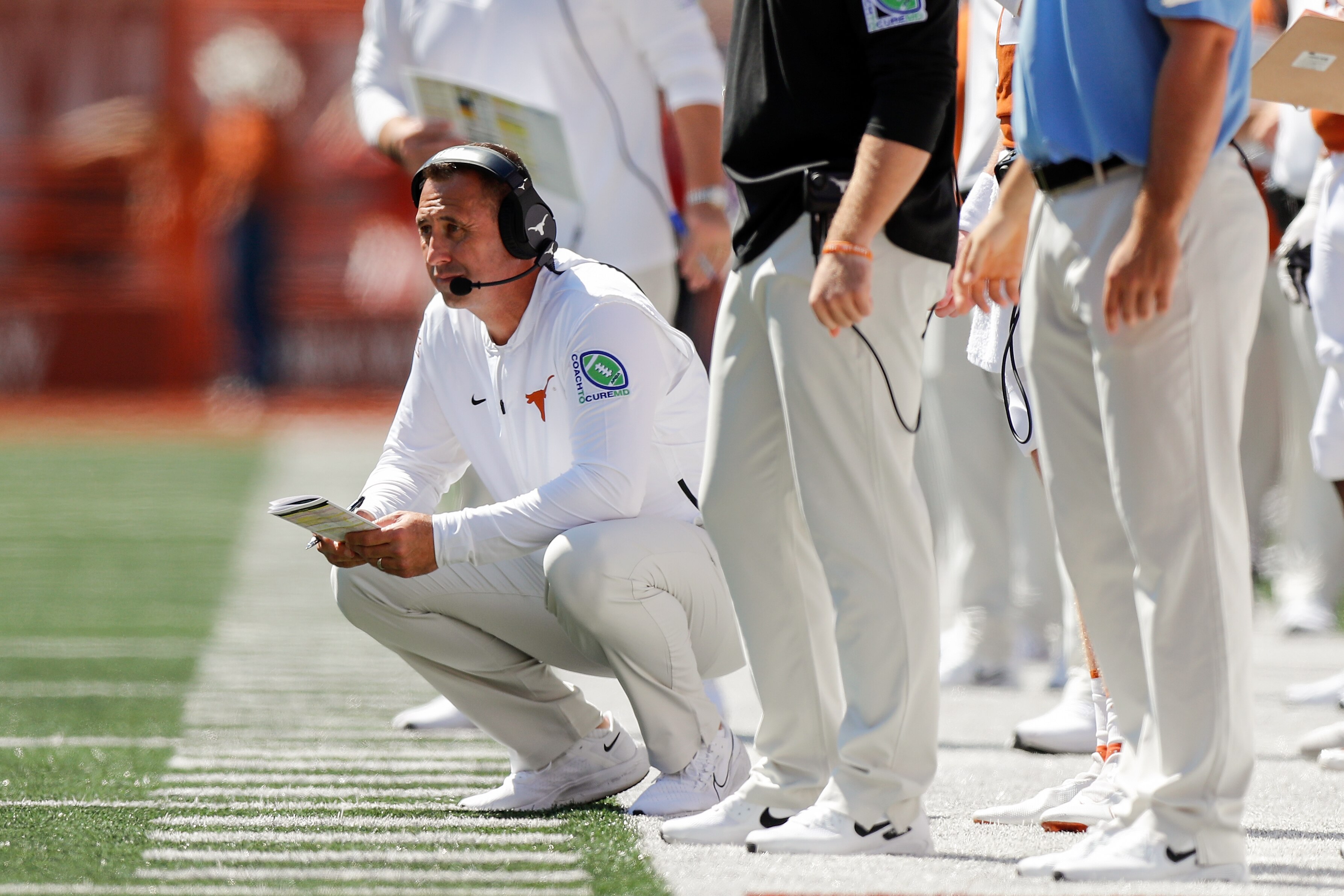 AUSTIN, TEXAS - SEPTEMBER 25: Head coach Steve Sarkisian of the Texas Longhorns  reacts on the sideline in the first half against the Texas Tech Red Raiders at Darrell K Royal-Texas Memorial Stadium on September 25, 2021 in Austin, Texas. (Photo by Tim Warner/Getty Images)