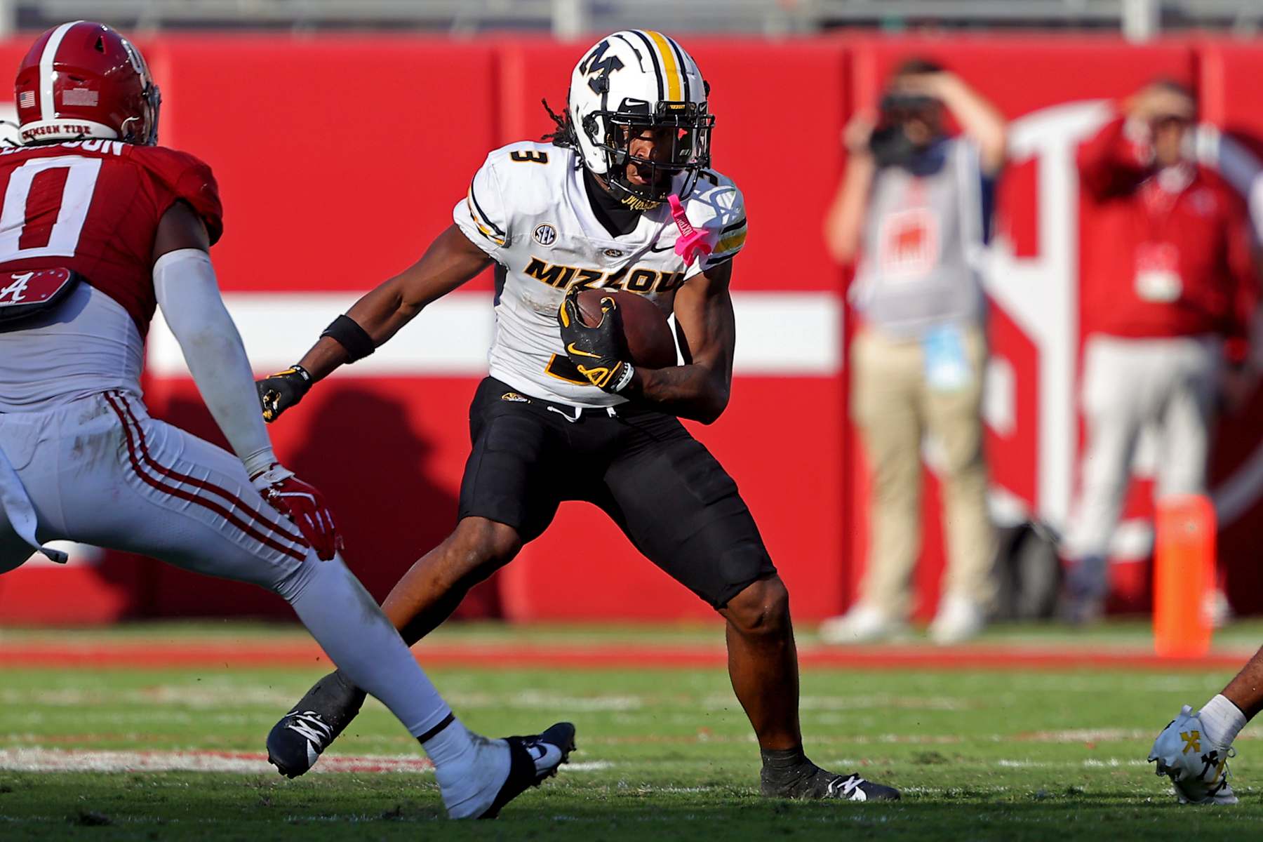 TUSCALOOSA, ALABAMA - OCTOBER 26: Luther Burden III #3 of the Missouri Tigers after a reception during the first half at Bryant-Denny Stadium on October 26, 2024 in Tuscaloosa, Alabama. (Photo by Jason Clark/Getty Images)