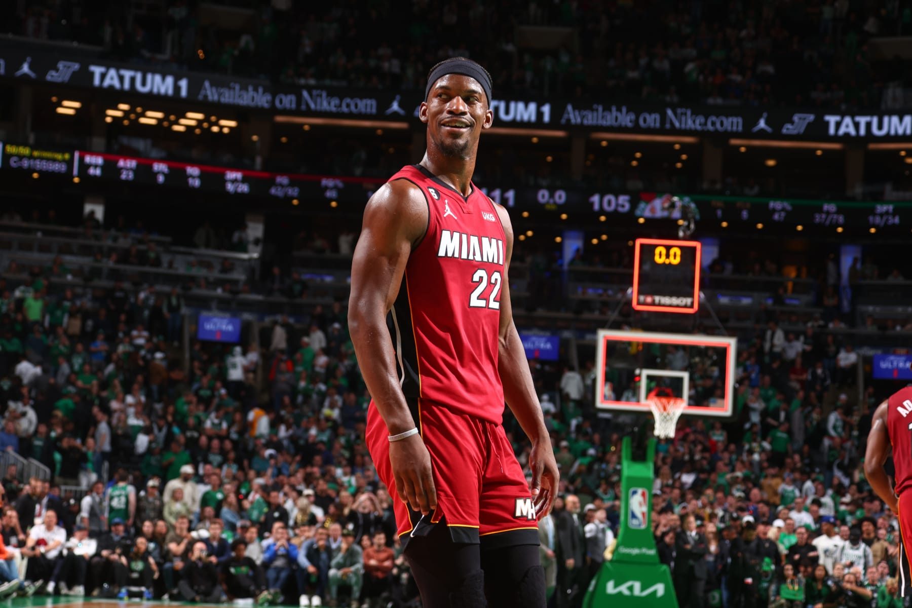 BOSTON, MA - MAY 19: Jimmy Butler #22 of the Miami Heat celebrates during Game Two of the Eastern Conference Finals against the Boston Celtics on May 19, 2023 at the TD Garden in Boston, Massachusetts. NOTE TO USER: User expressly acknowledges and agrees that, by downloading and or using this photograph, User is consenting to the terms and conditions of the Getty Images License Agreement. Mandatory Copyright Notice: Copyright 2023 NBAE  (Photo by Nathaniel S. Butler/NBAE via Getty Images)