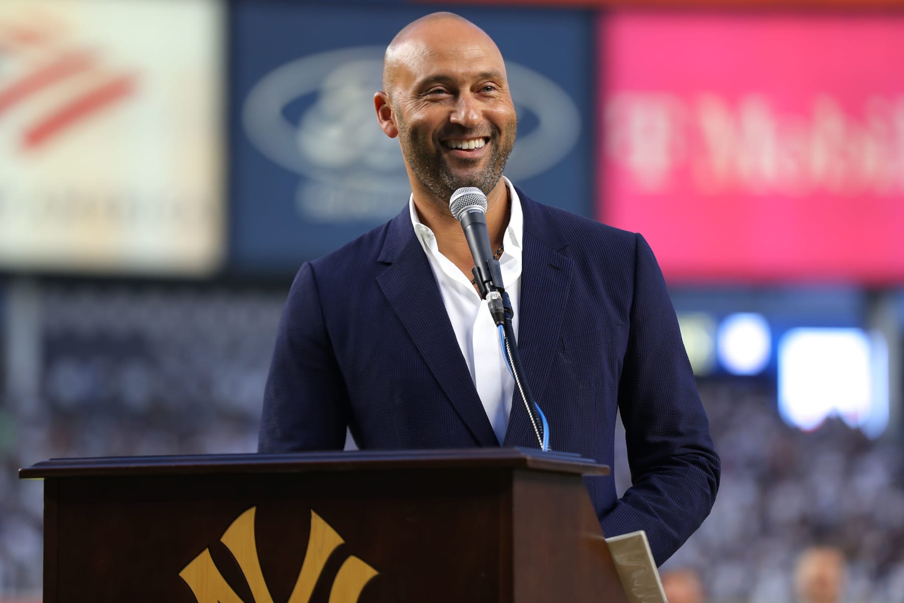 NEW YORK, NY - SEPTEMBER 09: Baseball Hall of Famer Derek Jeter speaks prior to the game between the Tampa Bay Rays and the New York Yankees at Yankee Stadium on Friday, September 9, 2022 in New York, New York. (Photo by Mary DeCicco/MLB Photos via Getty Images)
