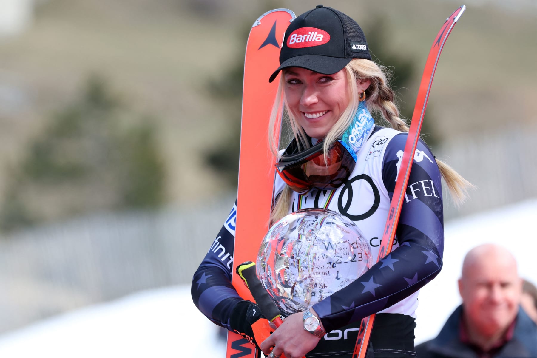 USA's Mikaela Shiffrin celebrates with her globe during the podium ceremony for the Women's Giant Slalom general standing of the FIS Ski World Cup in El Tarter, Andorra on March 19, 2023. (Photo by CHARLY TRIBALLEAU / AFP) (Photo by CHARLY TRIBALLEAU/AFP via Getty Images)