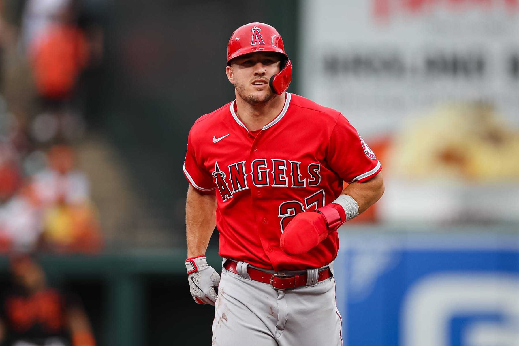 BALTIMORE, MD - JULY 08: Mike Trout #27 of the Los Angeles Angels in action against the Baltimore Orioles during the first inning at Oriole Park at Camden Yards on July 8, 2022 in Baltimore, Maryland. (Photo by Scott Taetsch/Getty Images)