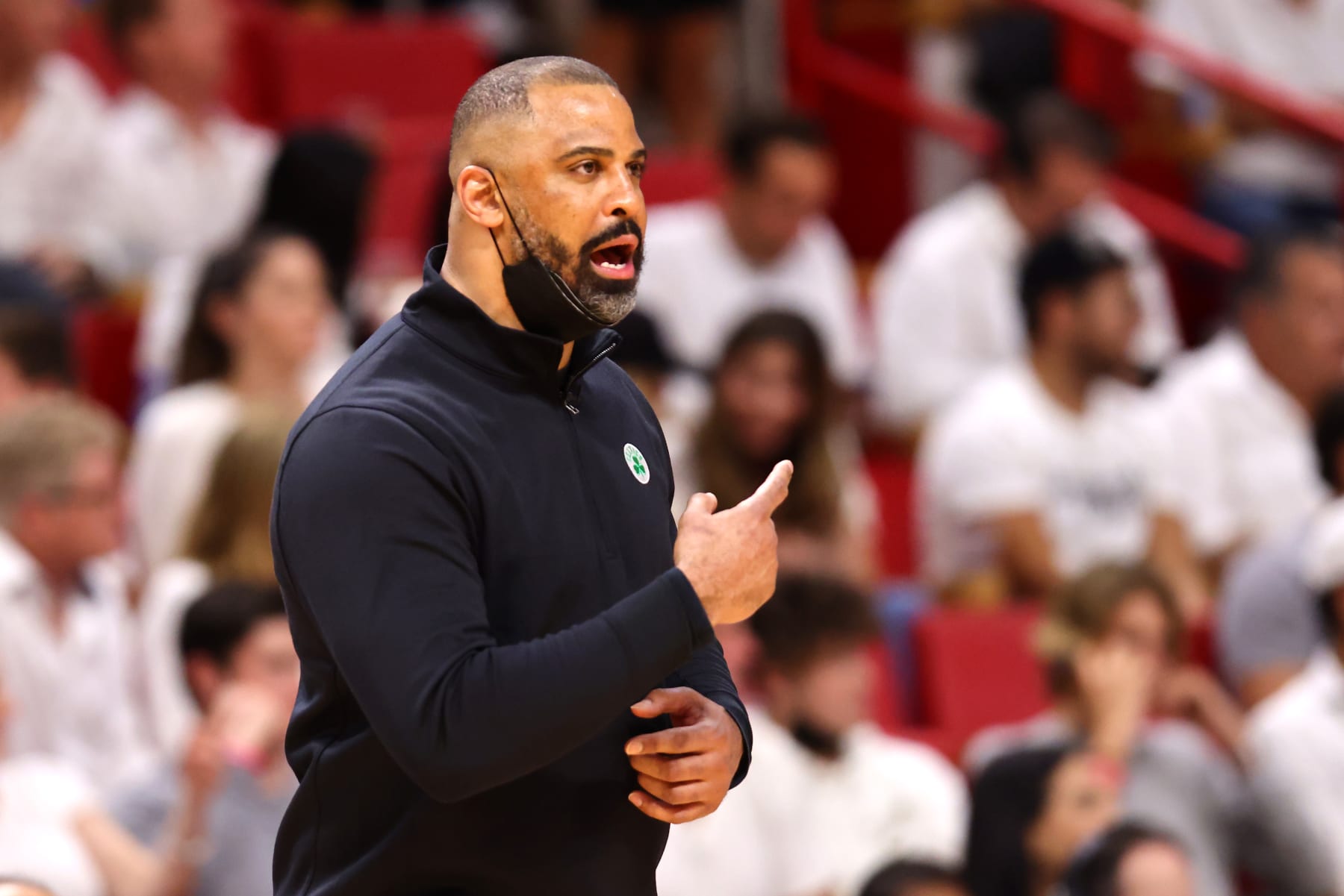 MIAMI, FLORIDA - MAY 19: Head coach Ime Udoka of the Boston Celtics reacts to a play during the second quarter against the Miami Heat in Game Two of the 2022 NBA Playoffs Eastern Conference Finals at FTX Arena on May 19, 2022 in Miami, Florida. NOTE TO USER: User expressly acknowledges and agrees that, by downloading and or using this photograph, User is consenting to the terms and conditions of the Getty Images License Agreement. (Photo by Michael Reaves/Getty Images)